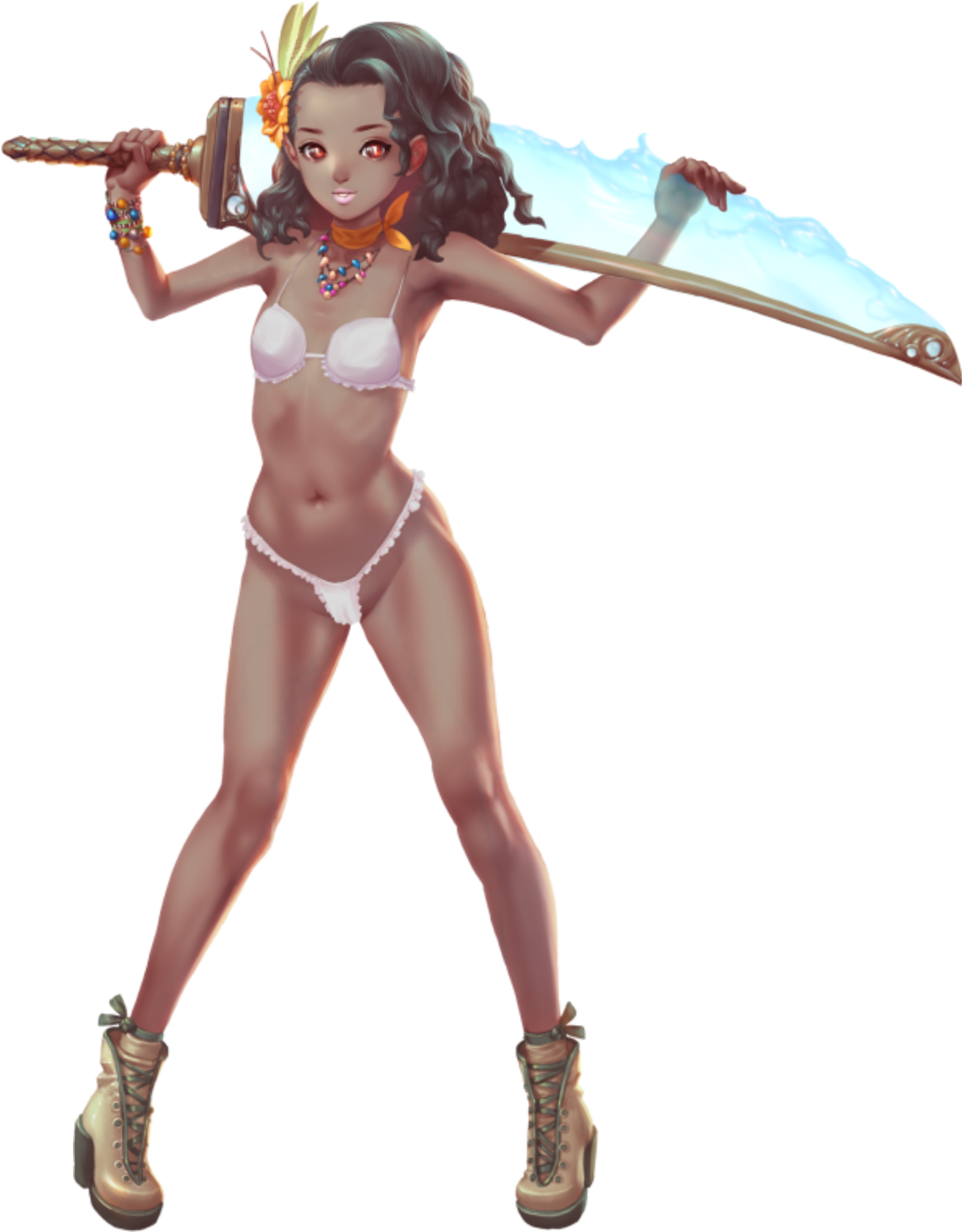 crystal maiden (series), artist request, game cg, highres, official art, variant set, 1girl, armpits, bare arms, bare legs, bare shoulders, black hair, boots, bra, bracelet, breasts, dark skin, flower, forehead, frilled bra, frilled panties, frills, full body, groin, hair flower, hair ornament, hair over shoulder, high heel boots, high heels, holding, holding behind neck, holding sword, holding weapon, jewelry, lola (crystal maidens), navel, necklace, over shoulder, panties, red eyes, solo, sword, transparent background, underwear, weapon, weapon over shoulder, white bra, white panties