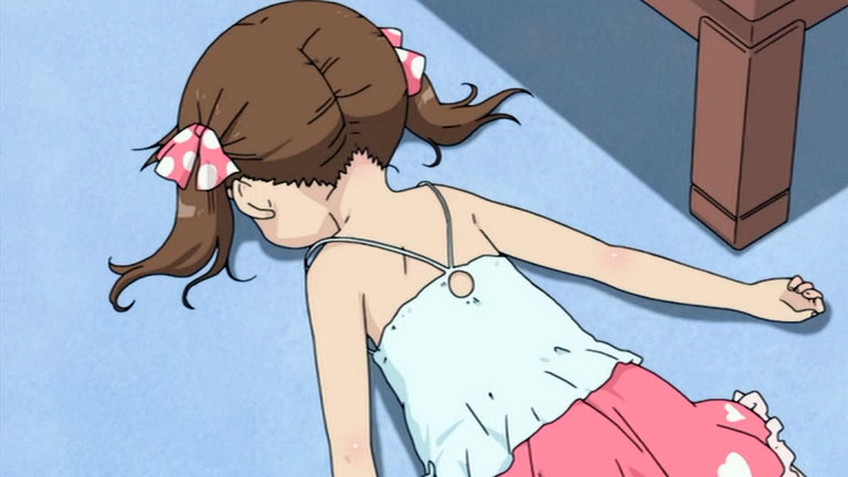 matsuoka miu, ichigo mashimaro, 1girl, bare shoulders, bed, brown hair, camisole, child, female focus, indoors, lying, on floor, on stomach, pink skirt, skirt, sleeveless, solo, spaghetti strap, twintails, underwear