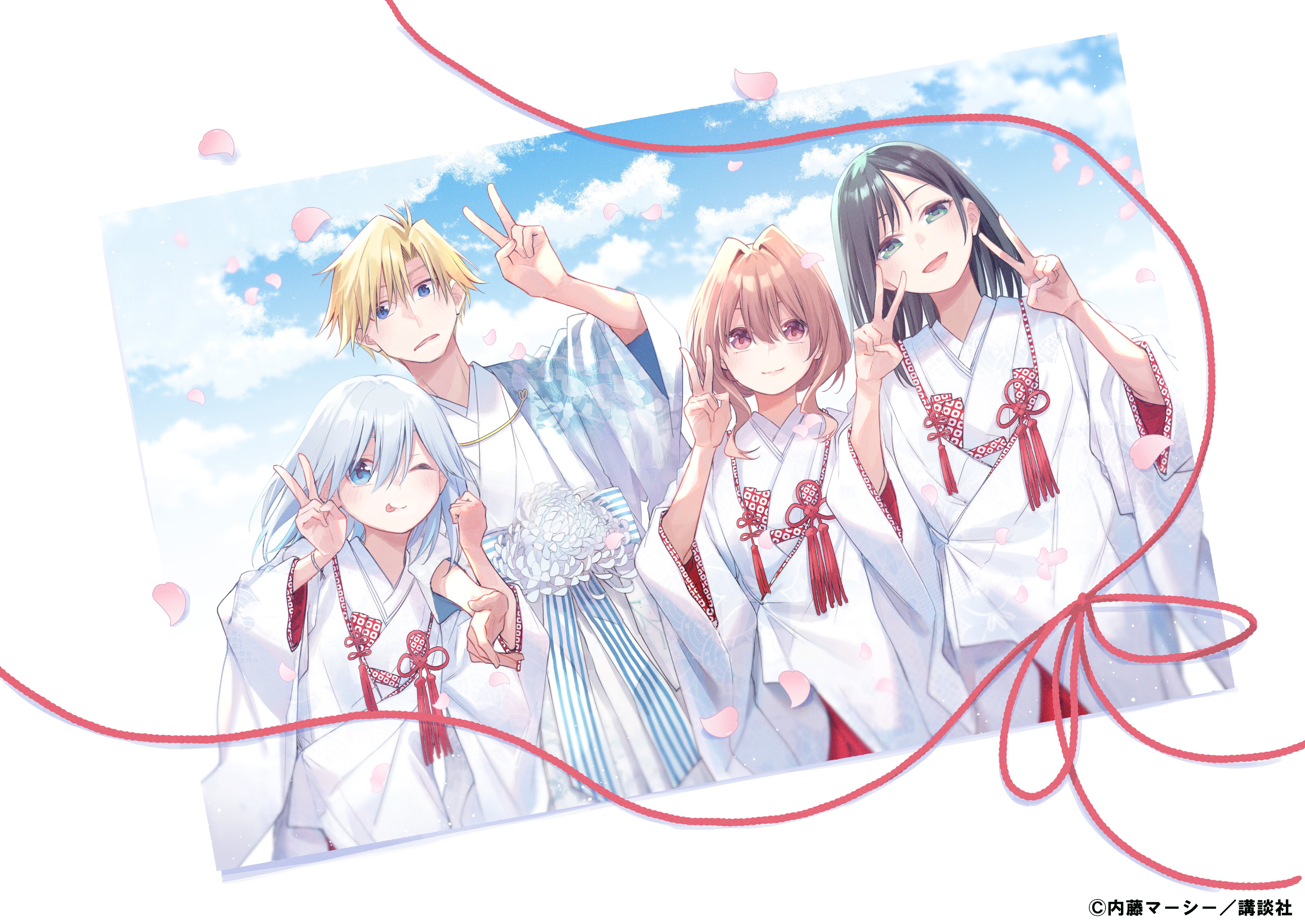 marcey, amagami asahi, amagami yae, amagami yuna, kamihate uryuu, amagami-san chi no enmusubi, absurdres, highres, official art, second-party source, 1boy, 3girls, ;p, black hair, blonde hair, blue eyes, blue hair, blue sky, chinese knot, closed mouth, copyright notice, double v, green eyes, hand up, hands up, japanese clothes, kimono, multiple girls, official alternate hair length, official alternate hairstyle, one eye closed, open mouth, photo (object), pink petals, red eyes, red hair, short hair, siblings, simple background, sisters, sky, smile, string, tongue, tongue out, v, white background, white kimono