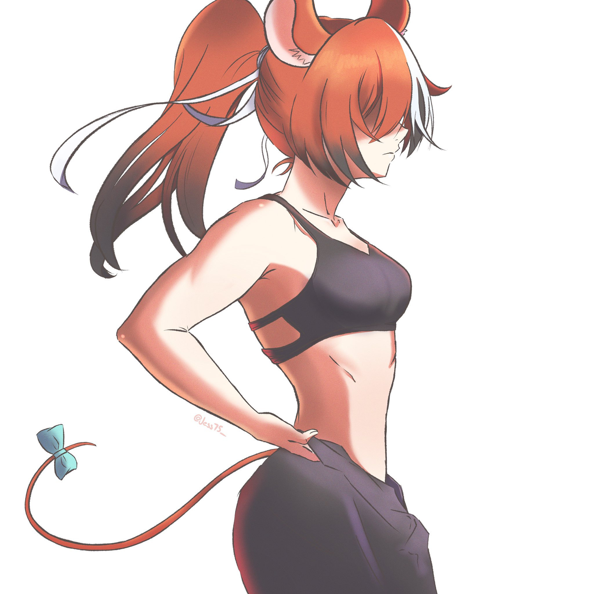 jess75, hakos baelz, hololive, hololive english, commentary, english commentary, highres, 1girl, animal ears, artist name, bare arms, bare shoulders, black hair, black pants, bow, breasts, collarbone, cowboy shot, from side, hair ribbon, hand on own hip, long hair, medium breasts, midriff, mouse ears, mouse girl, mouse tail, multicolored hair, pants, ponytail, profile, red hair, ribbon, shaded face, simple background, solo, tail, tail bow, tail ornament, twitter username, virtual youtuber, white background, white hair, white ribbon
