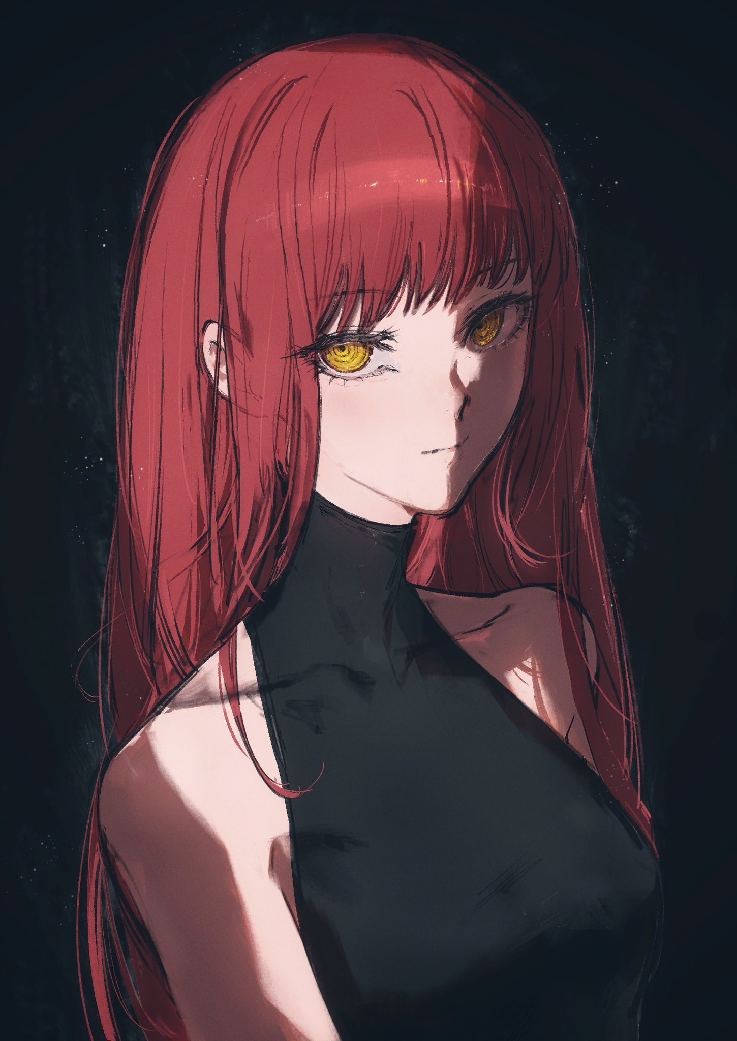 moku (muooku), makima (chainsaw man), chainsaw man, highres, 1girl, alternate hairstyle, black background, black shirt, breasts, closed mouth, collarbone, hair over shoulder, light smile, long hair, looking at viewer, medium breasts, red hair, shirt, simple background, sleeveless, sleeveless shirt, solo, upper body, yellow eyes