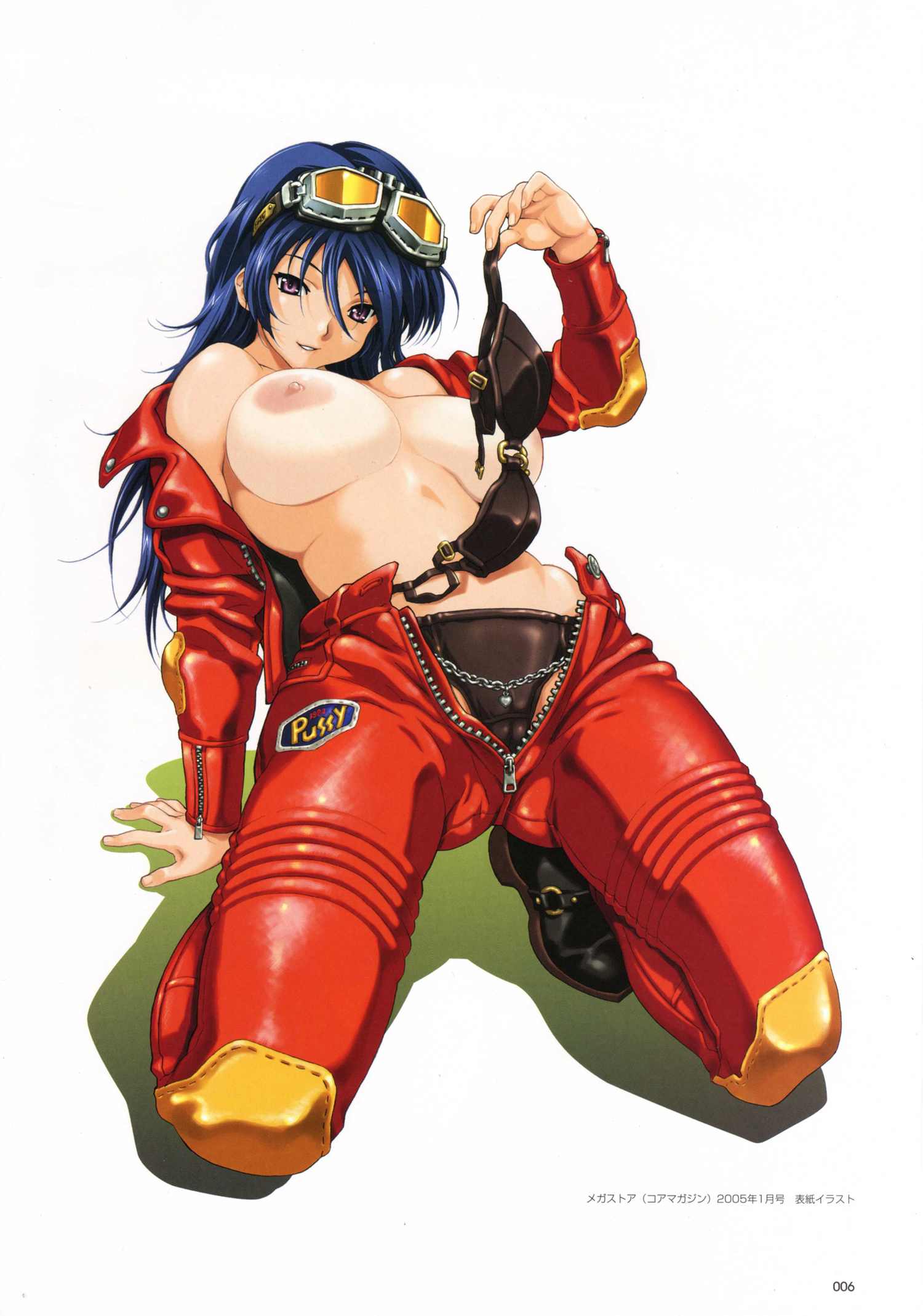 happoubi jin, sweet body, artbook, highres, scan, 1girl, biker clothes, bikesuit, bikini tan, blue hair, bodysuit, boots, bra, breasts, breasts apart, female focus, goggles, huge breasts, large areolae, large breasts, lingerie, long hair, nipples, panties, solo, tan, tanline, underwear, undressing