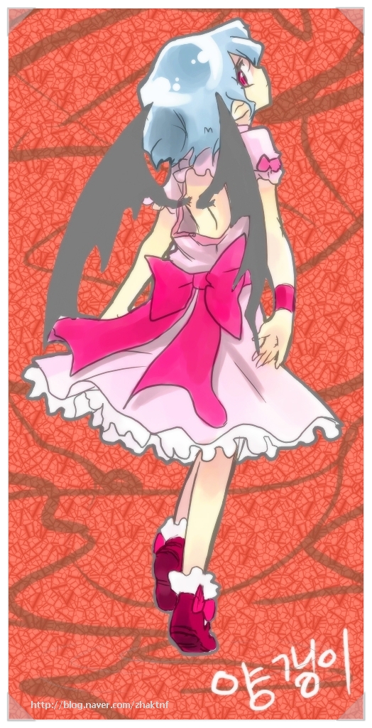 remilia scarlet, touhou, 1girl, backless dress, backless outfit, bat wings, blue hair, dress, female focus, full body, pointy ears, red background, red shoes, ribbon, shoes, socks, solo, standing, watermark, web address, wings