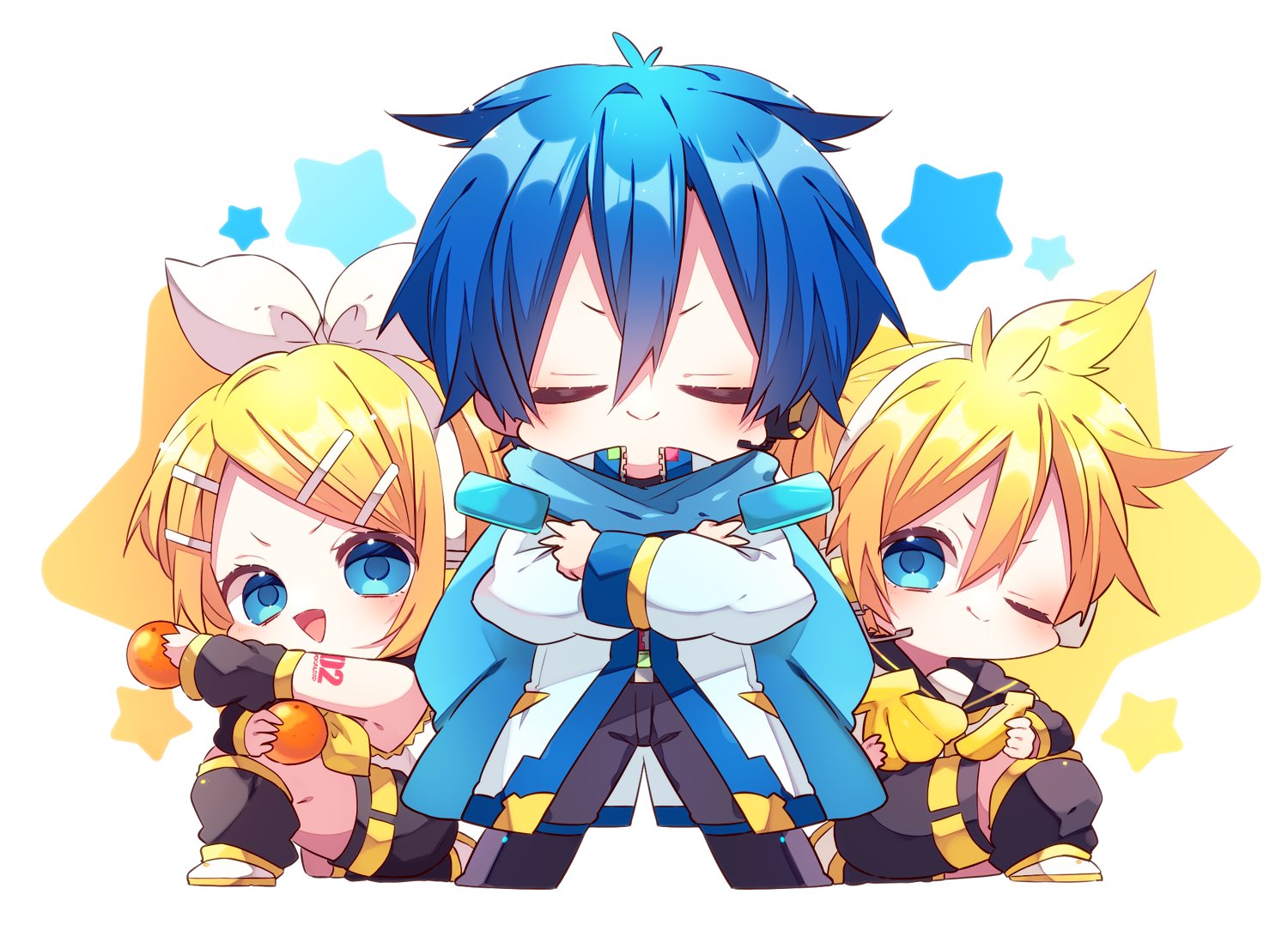 kaho 0102, kagamine len, kagamine rin, kaito (vocaloid), vocaloid, commentary, symbol-only commentary, 1girl, 2boys, :d, ;), arm warmers, black pants, black sailor collar, black shorts, blonde hair, blue eyes, blue hair, blue scarf, blush, brother and sister, chibi, chibi only, closed eyes, closed mouth, double-parted bangs, facing viewer, full body, hair between eyes, hair ornament, hairclip, headset, jacket, leg warmers, long sleeves, looking at viewer, multiple boys, neckerchief, necktie, one eye closed, open mouth, pants, parallel hairclips, sailor collar, scarf, shirt, shoes, short hair, shorts, siblings, sleeveless, sleeveless shirt, smile, standing, star (symbol), twins, v-shaped eyebrows, white jacket, white shirt, white shoes, yellow neckerchief, yellow necktie
