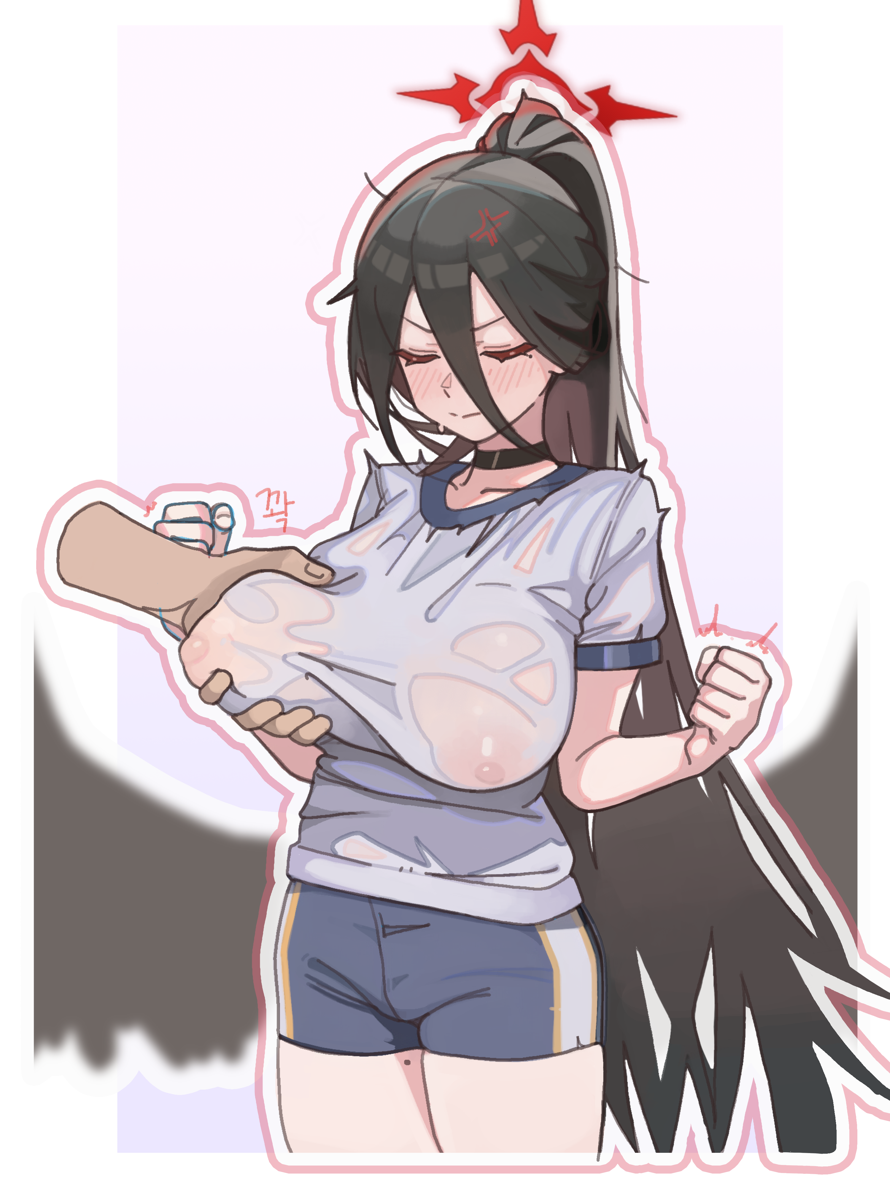 rehu (astd5787), hasumi (blue archive), hasumi (track) (blue archive), blue archive, absurdres, commentary, highres, korean commentary, 1boy, 1girl, anger vein, black choker, black hair, black wings, blush, breasts, choker, clenched hands, closed eyes, collar, cropped legs, disembodied hand, grabbing another's breast, groping, gym shirt, gym uniform, hair between eyes, halo, huge breasts, korean text, long hair, long hair between eyes, mole, mole on thigh, mole under eye, no bra, official alternate costume, ponytail, shirt, short sleeves, shorts, very long hair, wet, wet clothes, wet shirt, white collar, white shirt, wings