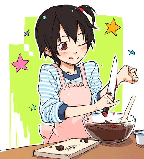 jiyu2, original, striped, duplicate, 1girl, ;q, apron, black hair, blood, chocolate, cooking, cutting, female focus, hair bobbles, hair ornament, knife, one eye closed, red eyes, self-harm, side ponytail, sleeves pushed up, solo, star (symbol), tongue, tongue out, valentine, what, wink, wrist cutting
