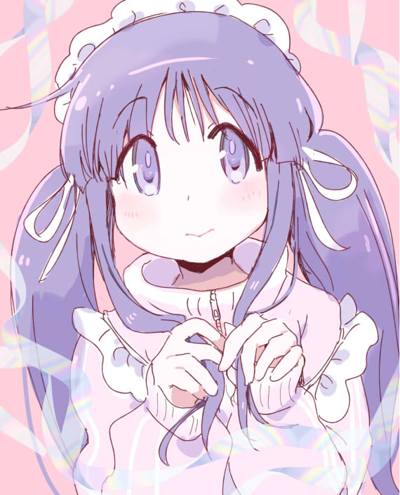 tatsunokosso, hinata yukari, yuyushiki, 1girl, blush, closed mouth, hair ribbon, hands up, jacket, jersey maid, long hair, long sleeves, looking at viewer, maid, maid headdress, purple eyes, purple hair, ribbon, solo, track jacket, twintails, unconventional maid, upper body
