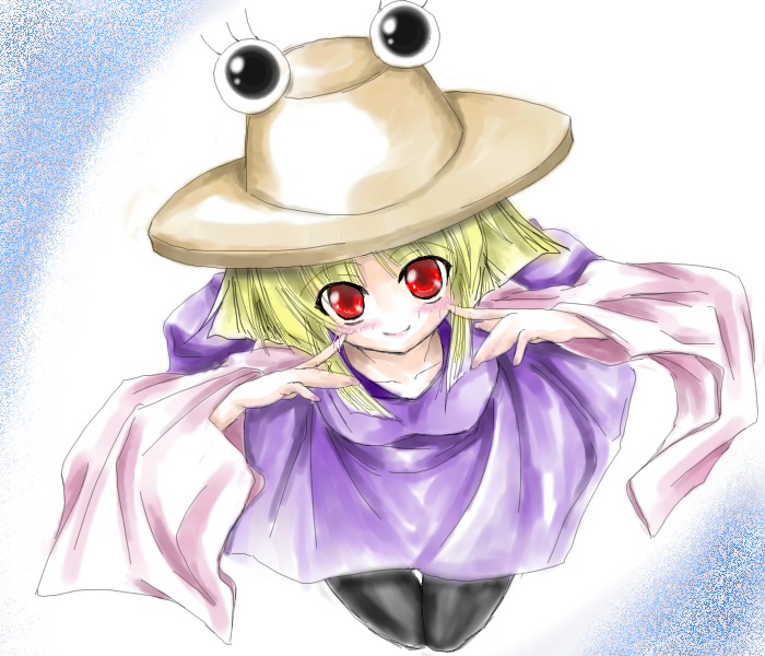 moriya suwako, touhou, 1girl, black pantyhose, blonde hair, female focus, hat, pantyhose, red eyes, solo