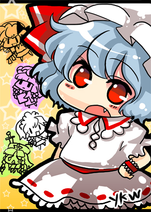 flandre scarlet, hong meiling, izayoi sakuya, patchouli knowledge, remilia scarlet, touhou, lowres, 5girls, blue hair, book, braid, chibi, fang, female focus, hand on own hip, hat, knife, knife in head, letterboxed, maid, mob cap, multiple girls, object through head, orange background, partially colored, red eyes, solo focus, star (symbol), star symbol background, tears, twin braids, wings
