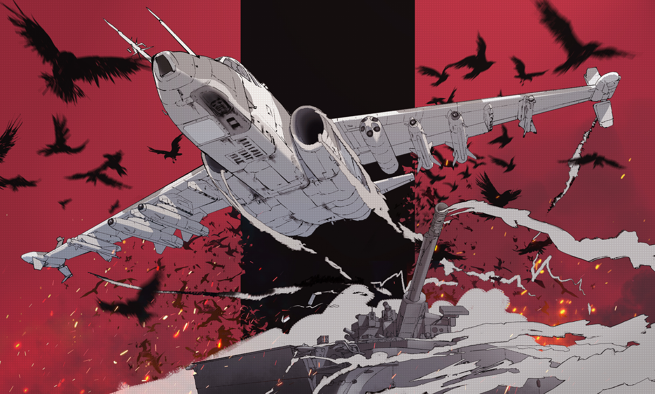 shuten (project sky), original, commentary, highres, textless version, 2s38, air-to-surface missile, aircraft, airplane, armored vehicle, attack aircraft, autocannon, bird, cannon, crow, fighter jet, military vehicle, missile, motor vehicle, no humans, rocket pod, russian air force, russian commentary, russian ground forces, self-propelled anti-aircraft-gun, self-propelled artillery, smoke, sparks, su-25, tank