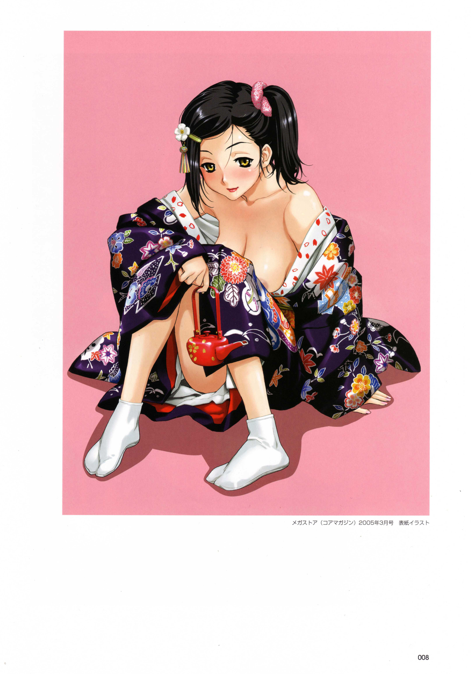happoubi jin, sweet body, pot, white legwear, artbook, highres, scan, 1girl, black hair, blush, breasts, drunk, female focus, hair ornament, japanese clothes, kimono, lipstick, makeup, nipple slip, nipples, open clothes, solo, tabi, yellow eyes