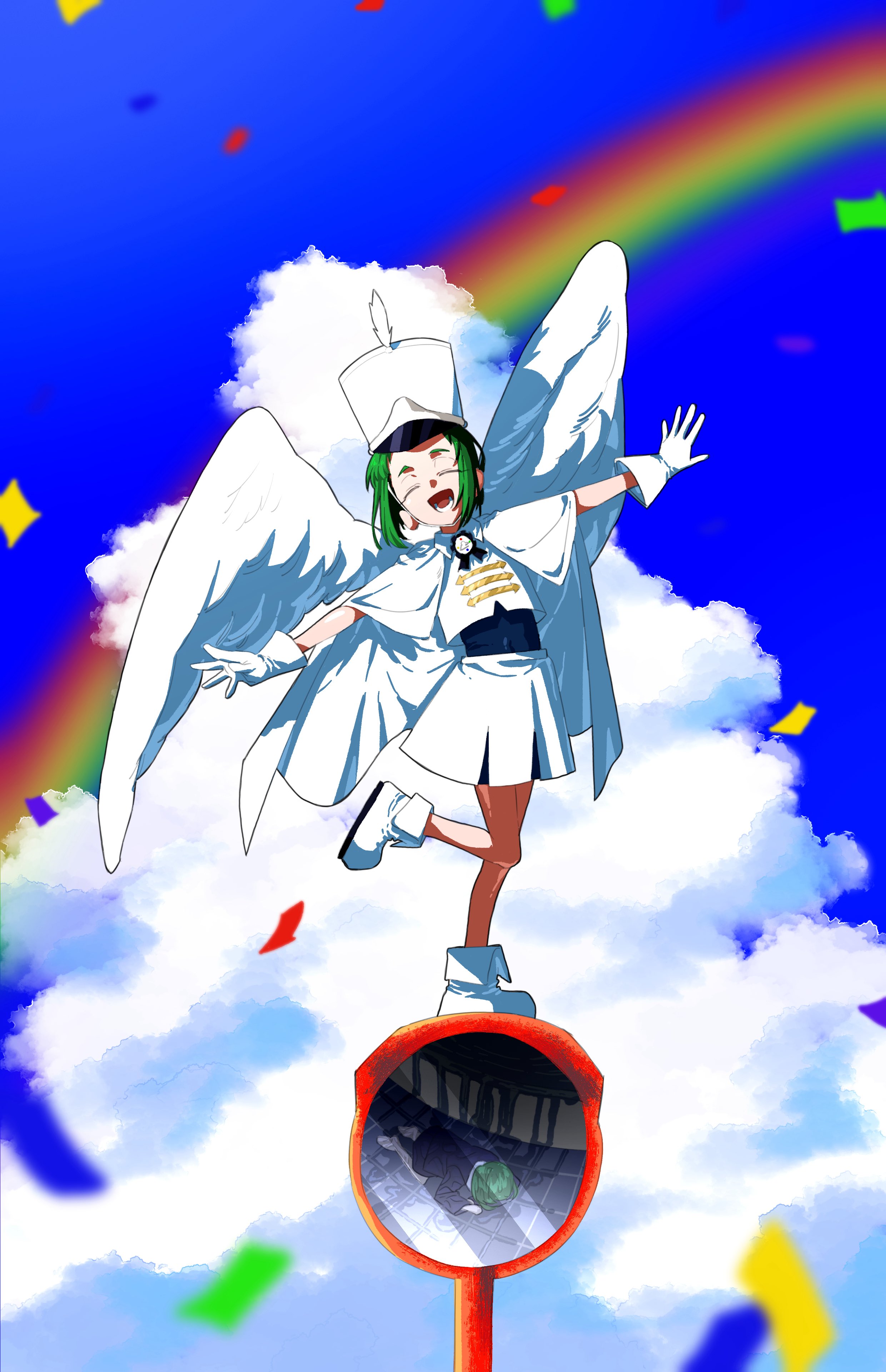 gamja008, momose amane, milgram, absurdres, highres, 1girl, ^ ^, angel wings, blue sky, cape, closed eyes, closed mouth, cloud, cloudy sky, collar, confetti, gloves, hat, lapels, leg up, majorette, outstretched arms, rainbow, shako cap, shirt, short bangs, short cape, sidelocks, skirt, sky, smile, solo, standing, standing on one leg, traffic mirror, white cape, white gloves, wings