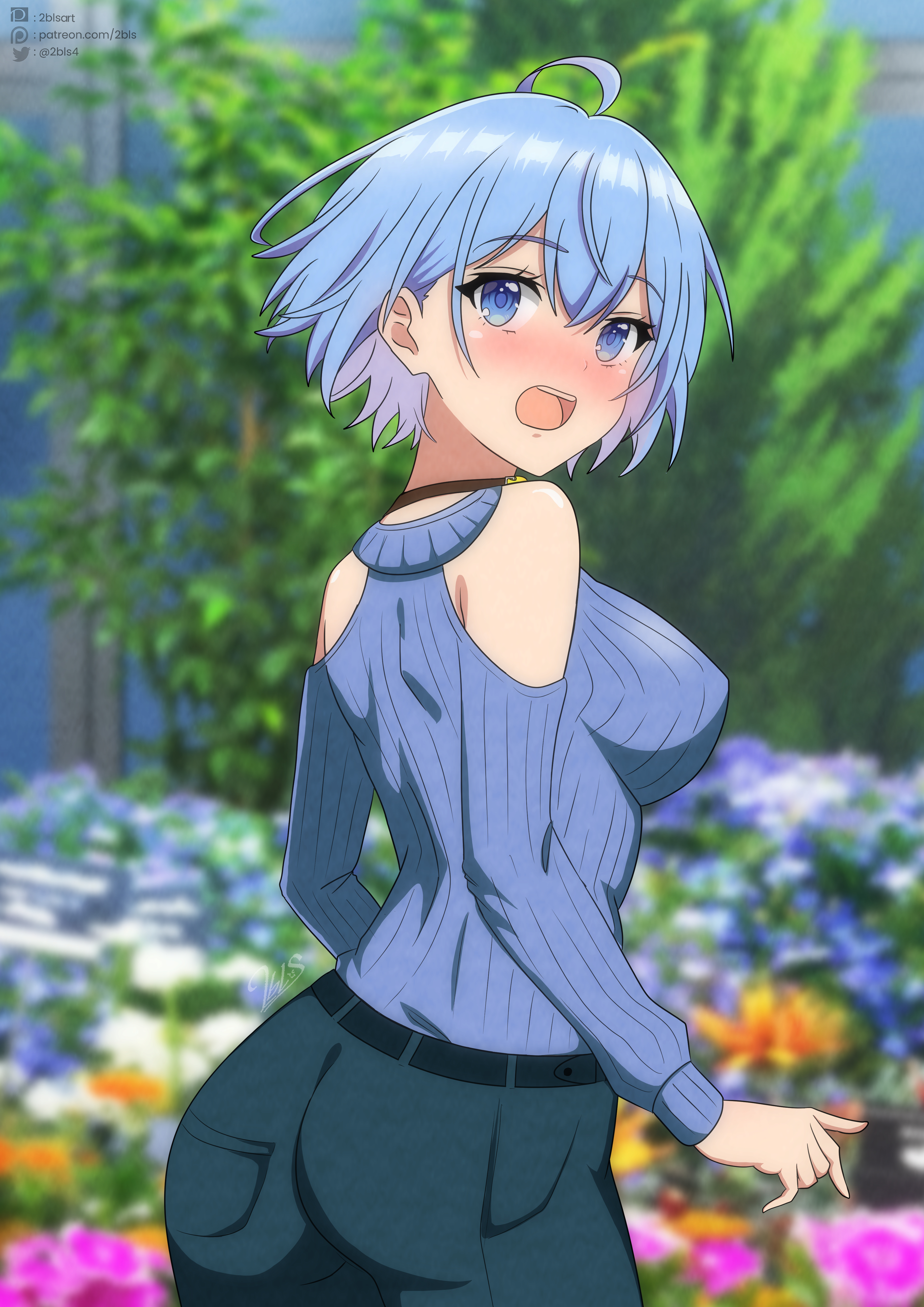 twobless, inuzuka himari, danjo no yuujou wa seiritsu suru?, absurdres, highres, 1girl, ahoge, ass, blue eyes, blue hair, blue sweater, blush, breasts, clothing cutout, field, flower, flower field, from behind, full-face blush, green pants, hair between eyes, large breasts, looking at viewer, looking back, open mouth, pants, short hair, shoulder cutout, sideboob, signature, solo, sweater, teeth, upper teeth only
