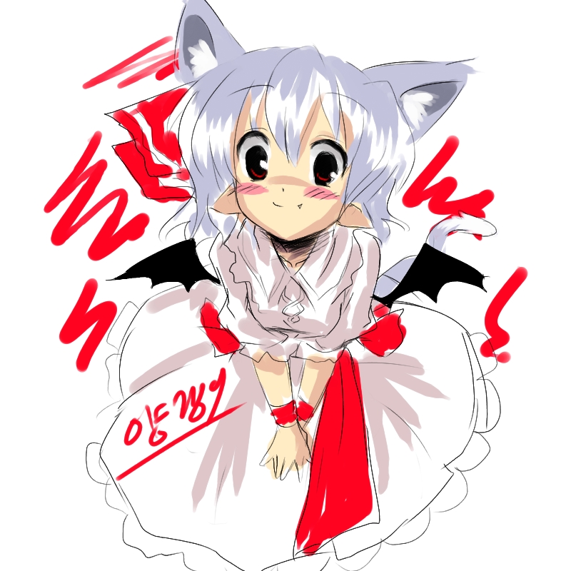 remilia scarlet, touhou, 1girl, animal ears, bat wings, cat ears, cat tail, dog ears, fang, fang out, female focus, kemonomimi mode, pointy ears, simple background, solo, tail, white background, wide-eyed, wings