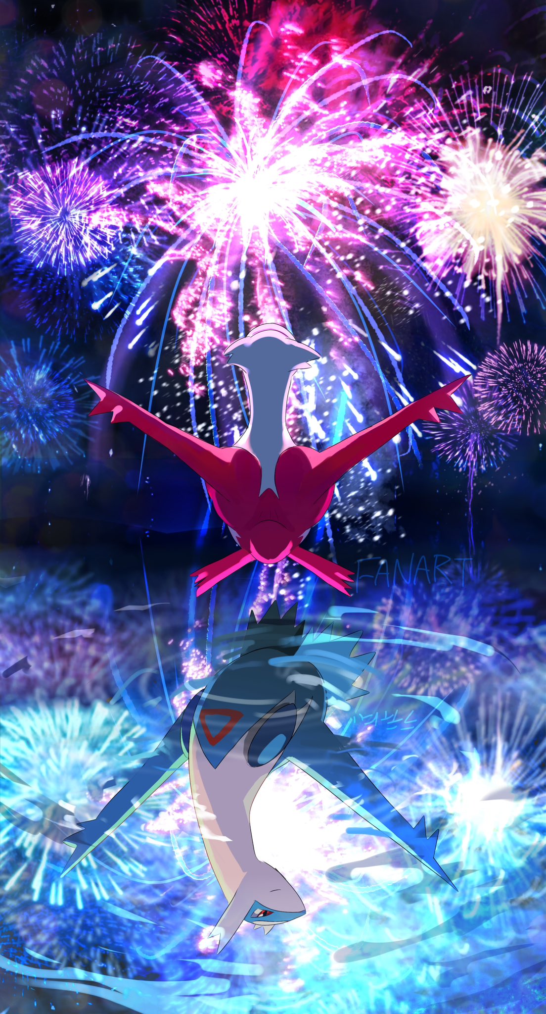 latias, latios, nintendo, pokemon, highres, aerial fireworks, claws, closed mouth, dragon, fireworks, full body, gen 3 pokemon, legendary pokemon, night, night sky, no humans, outdoors, pokemon (creature), pokemon focus, red eyes, reflection, reflective water, sayonalatios, sky, smile, water, wings