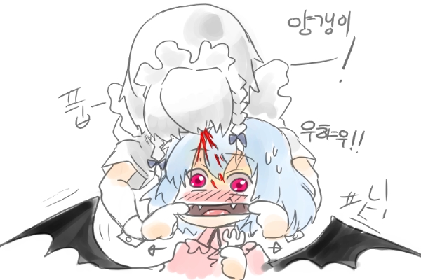 izayoi sakuya, remilia scarlet, touhou, 2girls, arrow (symbol), bat wings, blood, blush, braid, fang, fangs, female focus, fingersmile, fork, multiple girls, nosebleed, side braid, simple background, twin braids, white background, wide-eyed, wings