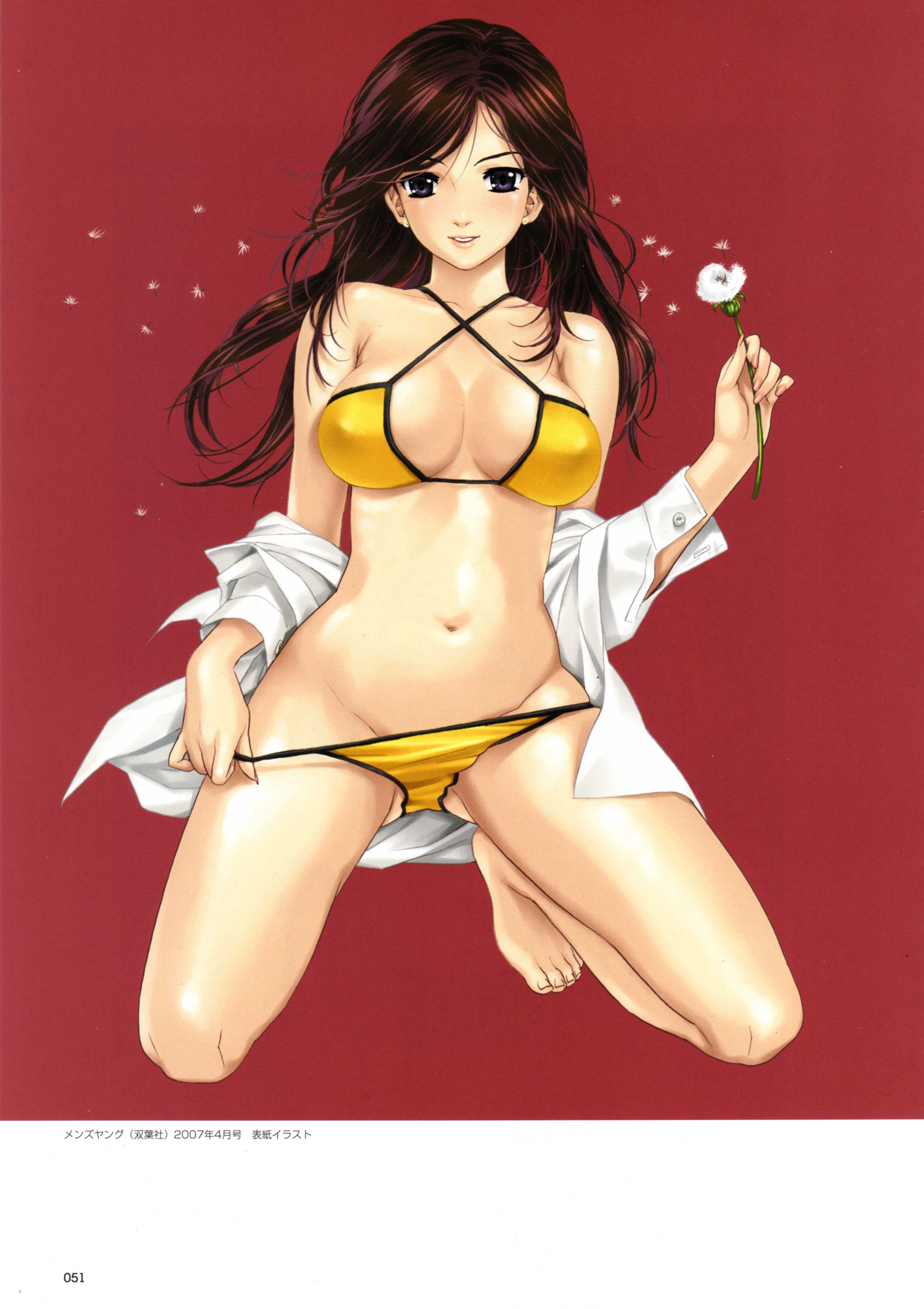 happoubi jin, sweet body, artbook, highres, scan, 00s, 1girl, 2007, bikini, blush, breasts, brown hair, cleavage, dandelion, earrings, feet, female focus, fingernails, flower, jewelry, kneeling, large breasts, legs, lips, long hair, nail polish, navel, open clothes, open shirt, purple eyes, shirt, simple background, smile, solo, swimsuit, thighs, toenails, toes, yellow bikini