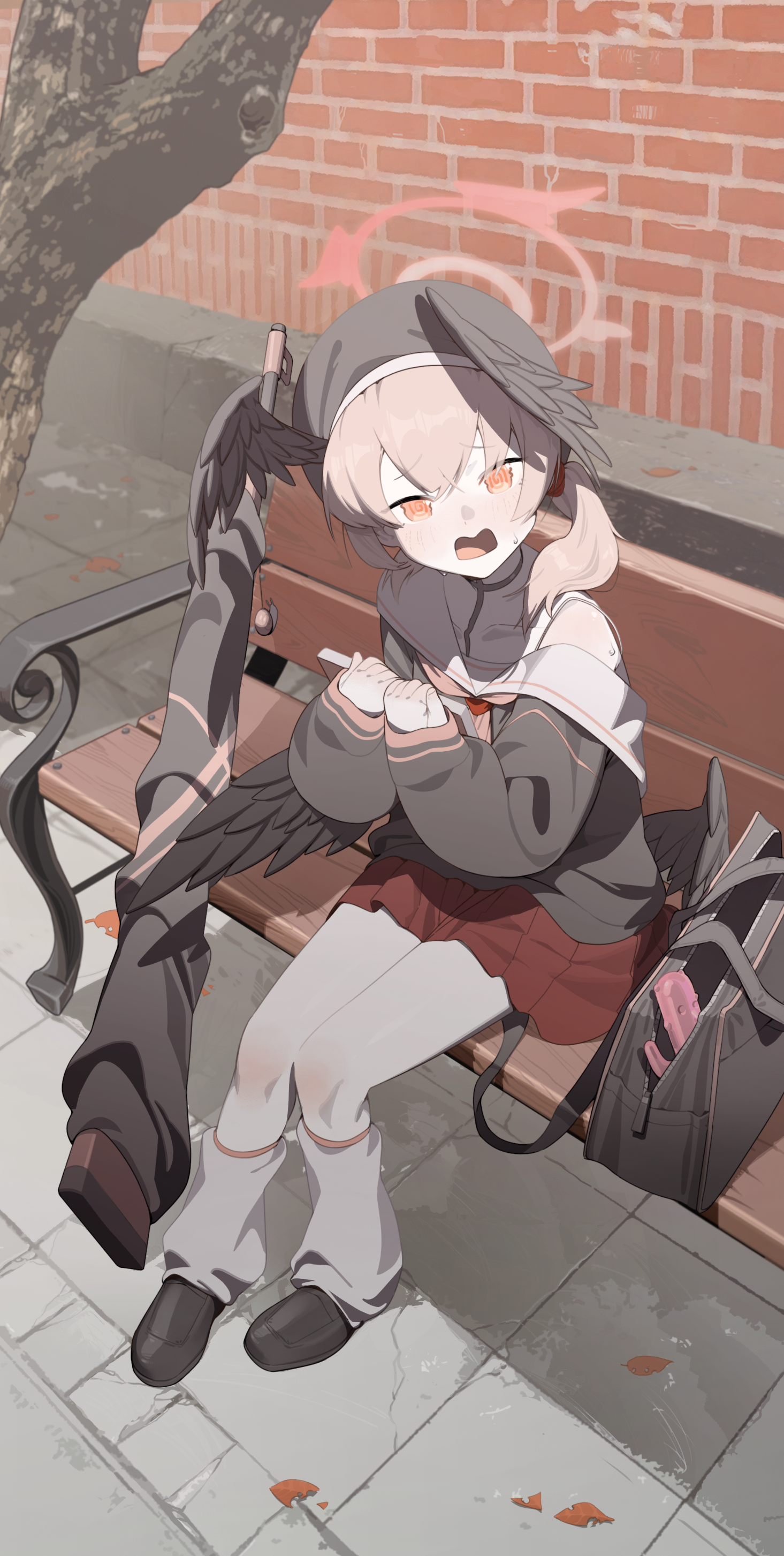 yoni (zhang), koharu (blue archive), blue archive, absurdres, highres, 1girl, bag, bench, black shirt, black shoes, bolt action, gun, head wings, leg warmers, loafers, looking at viewer, low twintails, low wings, miniskirt, neckerchief, outdoors, p14 enfield, pink eyes, pink hair, pink neckerchief, pleated skirt, red skirt, rifle, sailor collar, school bag, school swimsuit, shirt, shoes, sitting, skirt, solo, swimsuit, twintails, weapon, white sailor collar, wings