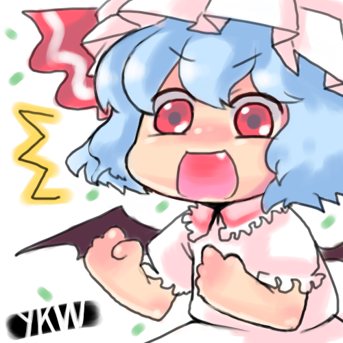remilia scarlet, touhou, lowres, 1girl, ^^^, bat wings, chibi, fang, female focus, hat, simple background, solo, v-shaped eyebrows, white background, wings