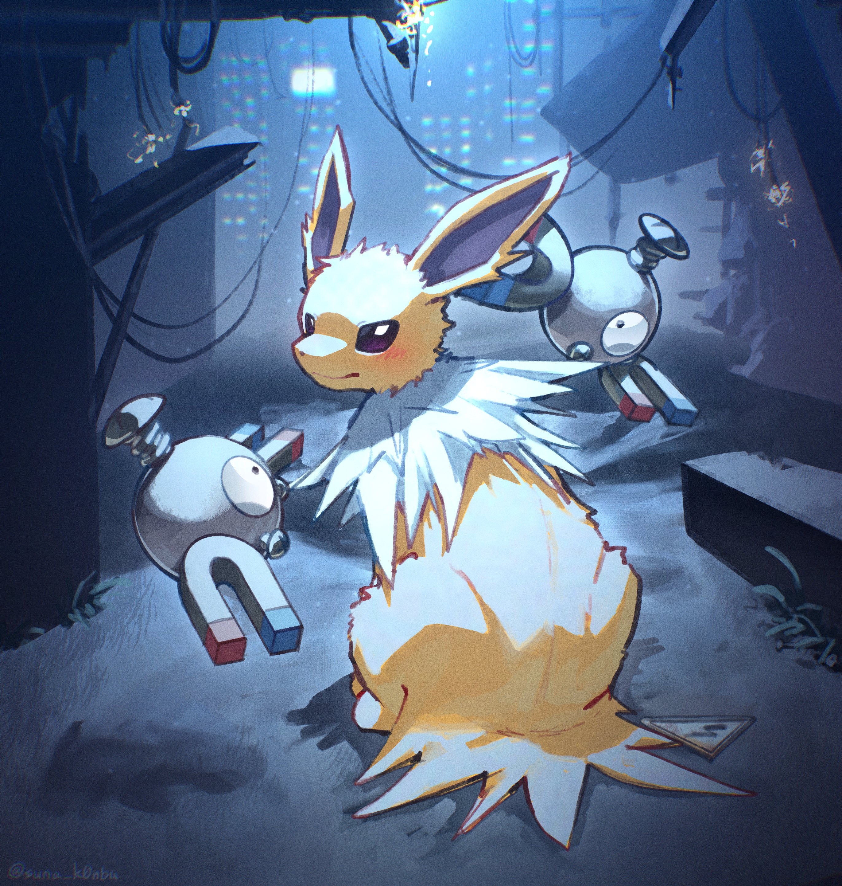 suna k0nbu, jolteon, magnemite, nintendo, pokemon, absurdres, highres, animal focus, blush, cable, city, closed mouth, electricity, full body, gen 1 pokemon, looking at viewer, magnet, neck fur, no humans, outdoors, pokemon (creature), pokemon focus, screw, smile, sparks, tail, yellow fur
