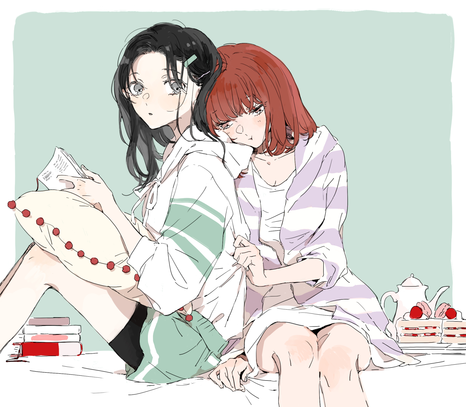 kakmxxxny06, kono koi wo hoshi ni wa negawanai, highres, 2girls, black hair, book, breasts, cake, cleavage, clothes grab, food, green background, holding, holding book, hood, hoodie, kousaka fuyuki, leaning on person, multiple girls, pillow, red hair, shirai eri, sitting