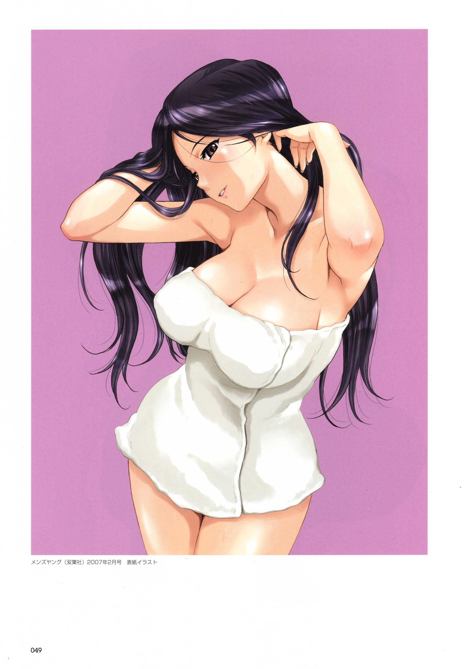 happoubi jin, sweet body, artbook, highres, scan, 00s, 1girl, 2007, adjusting hair, armpits, black hair, blush, breasts, brown eyes, cleavage, collarbone, female focus, fingernails, impossible towel, large breasts, lips, long hair, naked towel, simple background, smile, solo, standing, thighs, towel
