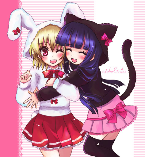 hazuki megumi, furude rika, houjou satoko, higurashi no naku koro ni, 00s, 2girls, alternate costume, animal ears, blonde hair, bow, cat ears, cat girl, female focus, multiple girls, pink bow, thighhighs