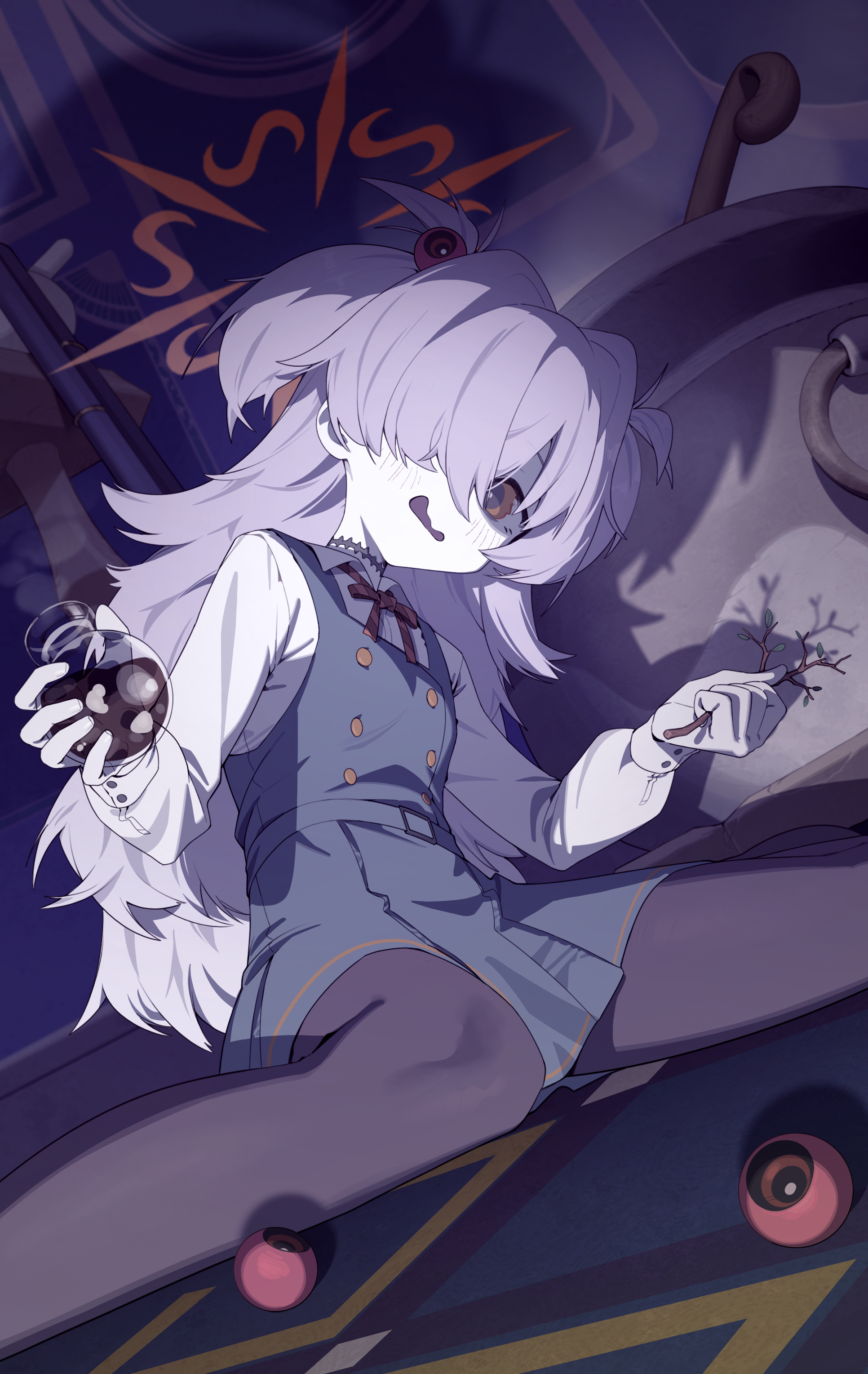 yoni (zhang), kanoe (blue archive), blue archive, absurdres, highres, 1girl, black pantyhose, brown eyes, buttons, choker, collared shirt, dark, double-breasted, dress, dutch angle, flask, grey hair, hair over one eye, halo, holding, holding flask, holding stick, indoors, long hair, long sleeves, looking at viewer, pale skin, pantyhose, pinafore dress, ribbon, round-bottom flask, shaded face, shirt, sitting, sleeveless, sleeveless dress, solo, stick, two side up, wariza, white shirt