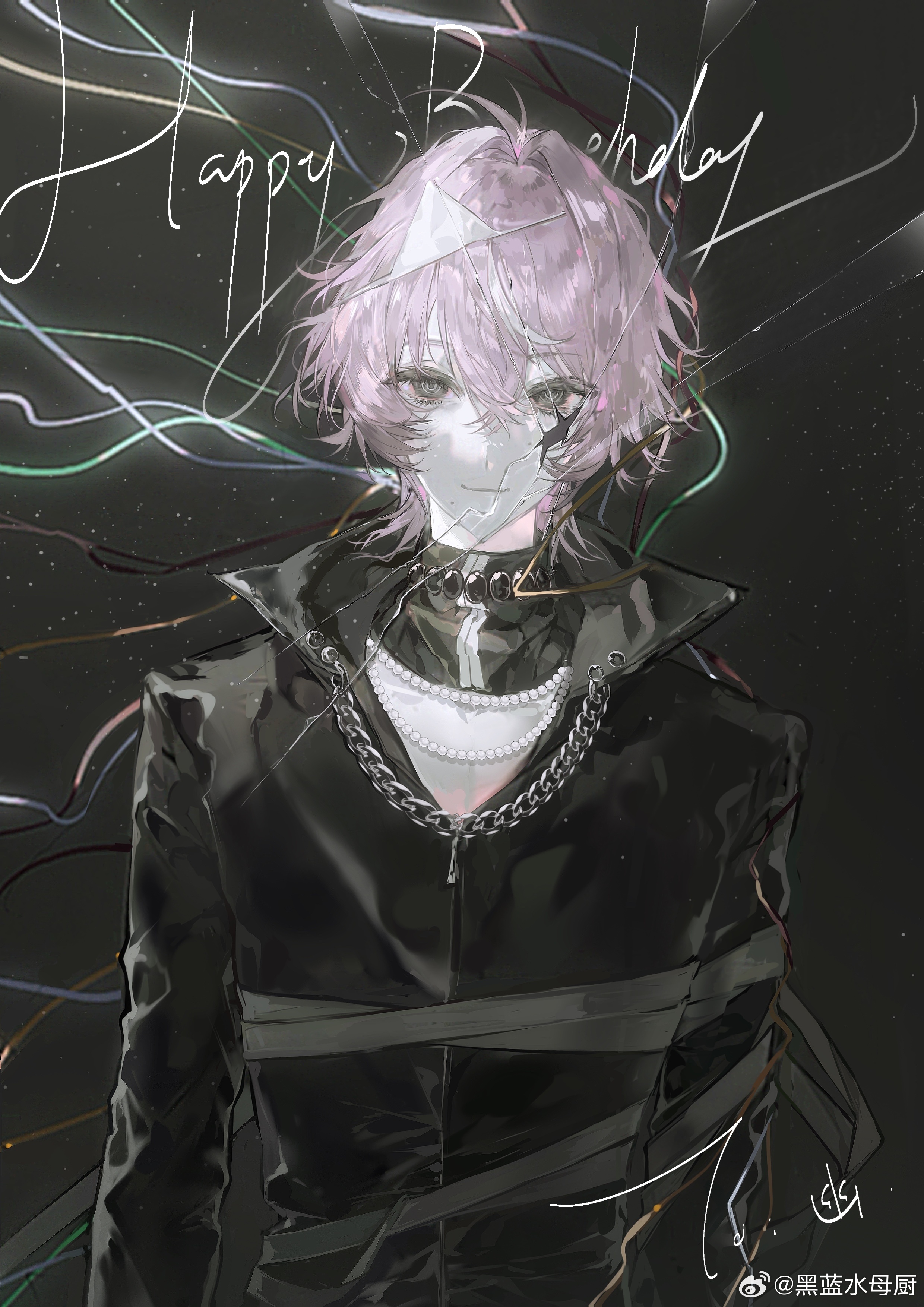 original, absurdres, highres, 1boy, black background, black jacket, black ribbon, chain, chain necklace, hair between eyes, hair intakes, hair ornament, happy birthday, heilanshuimuchu, jacket, jewelry, long sleeves, looking at viewer, male focus, necklace, pearl necklace, pink hair, ribbon, short hair, simple background, smile, streamers, upper body, zipper