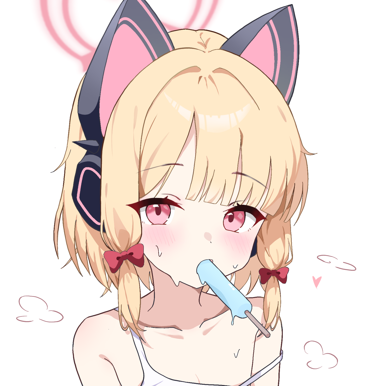 cardcat 00, momoi (blue archive), blue archive, commentary, highres, 1girl, animal ear headphones, animal ears, bare shoulders, blonde hair, blunt bangs, blush, bow, cat ear headphones, cat ears, collarbone, fake animal ears, food, food in mouth, hair bow, halo, headphones, heart, looking at viewer, low-tied sidelocks, melting popsicle, mouth hold, parted bangs, pink eyes, pink halo, popsicle, popsicle in mouth, popsicle stick, portrait, red bow, short hair, sidelocks, simple background, solo, strap slip, sweat, white background