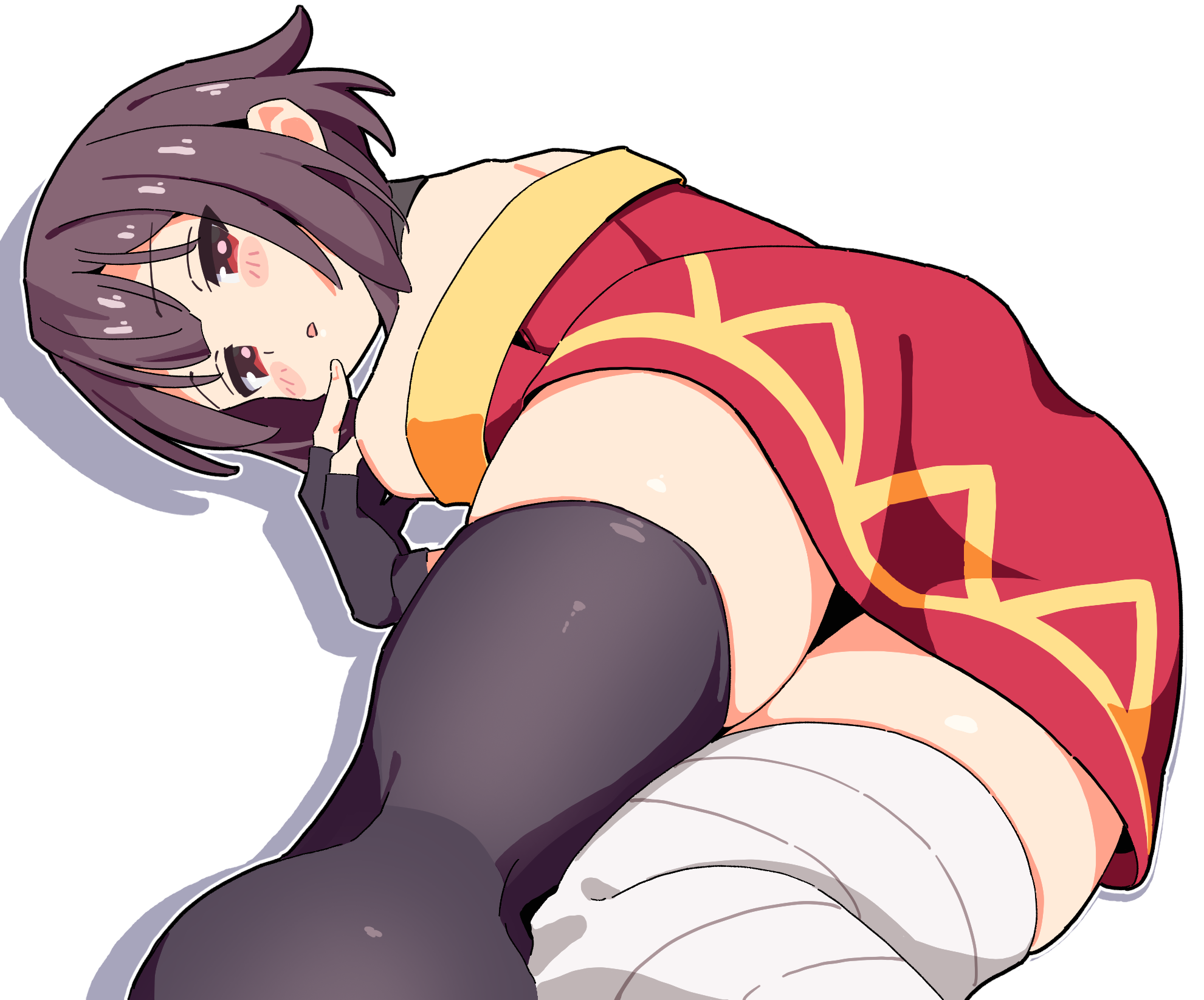 noyama takenoko, megumin, kono subarashii sekai ni shukufuku wo!, commentary, highres, 1girl, bandaged leg, bandages, black gloves, black thighhighs, blush stickers, brown hair, dress, fingerless gloves, gloves, looking at viewer, lying, on stomach, red dress, red eyes, short dress, short hair, simple background, single thighhigh, solo, strapless, strapless dress, thighhighs, white background
