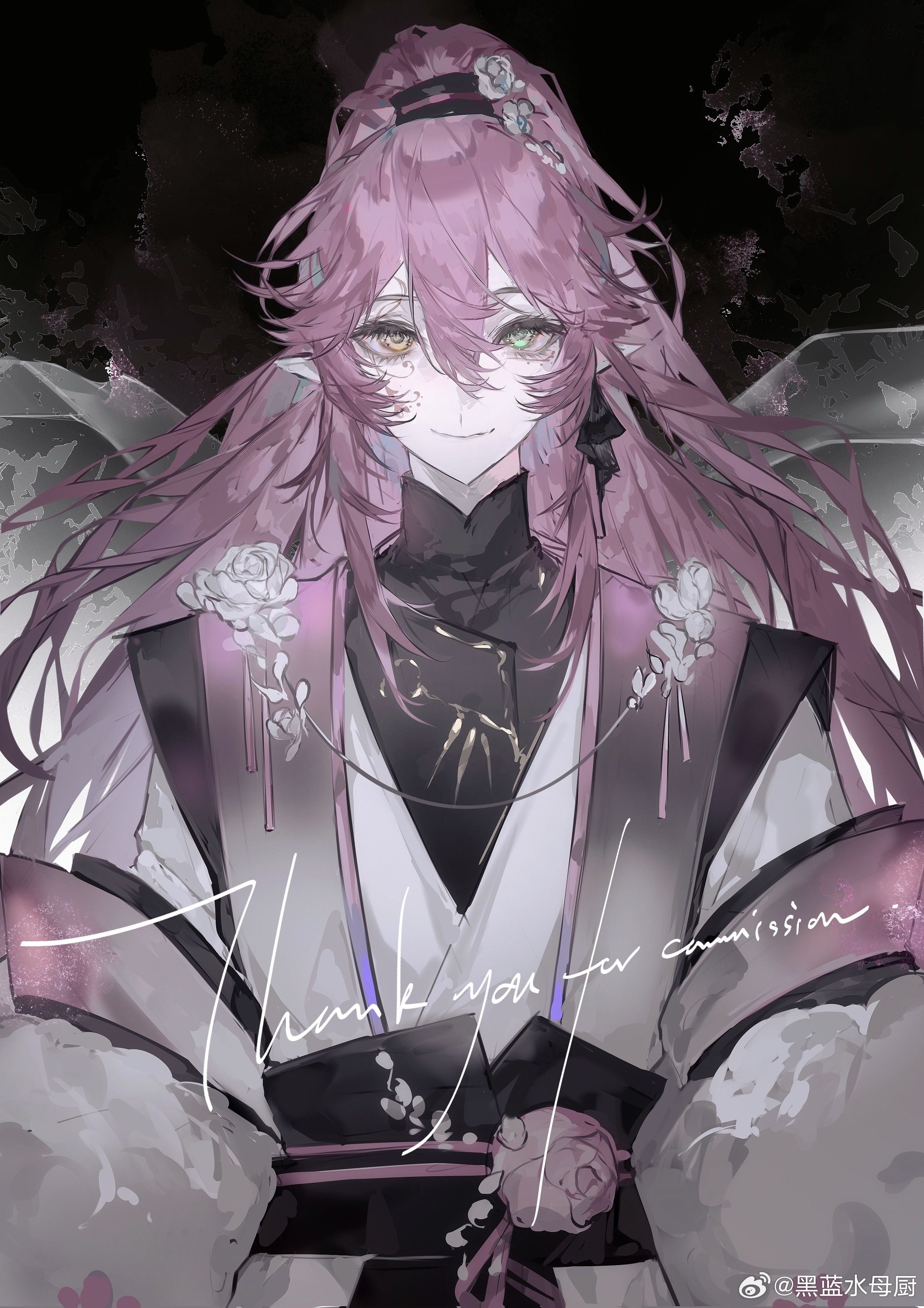 original, absurdres, highres, 1boy, closed mouth, flower, green eyes, hair between eyes, hair flower, hair ornament, heilanshuimuchu, heterochromia, high ponytail, japanese clothes, long hair, long sleeves, looking at viewer, male focus, pink hair, pointy ears, ponytail, sash, smile, upper body, white flower, wide sleeves, yellow eyes