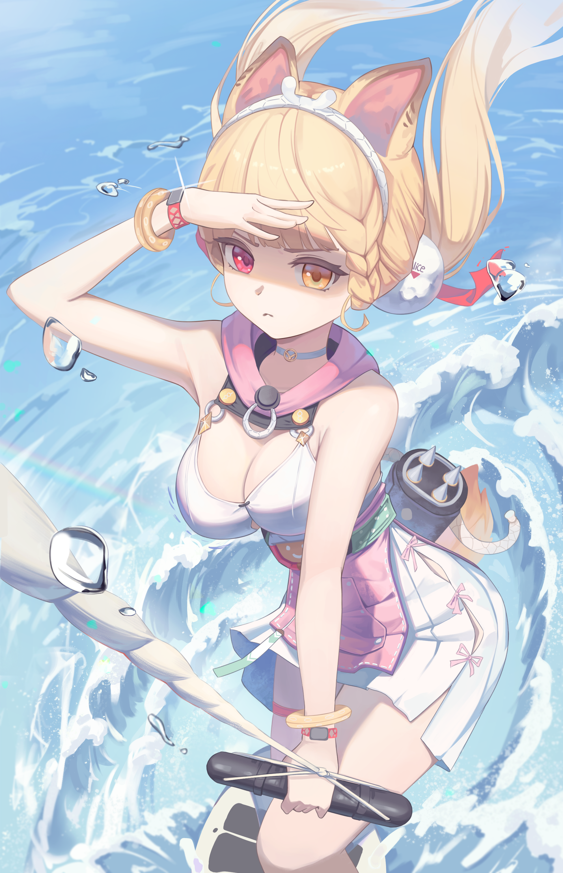manpo, alice thymefield, alice thymefield (sea of thyme), zenless zone zero, absurdres, commentary request, highres, 1girl, animal ears, arm up, bikini, bikini top only, blonde hair, braid, breasts, cleavage, closed mouth, colored inner animal ears, dress swimsuit, holding, large breasts, long hair, looking at viewer, low twintails, ocean, official alternate costume, rabbit ears, rabbit girl, rabbit tail, red eyes, side braids, skirt, solo, sphere hair ornament, swimsuit, tail, thighs, twintails, water, white skirt, yellow eyes