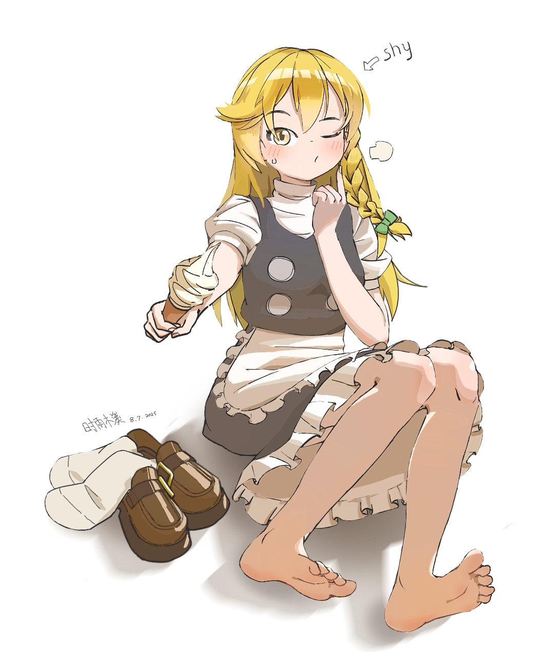 shi yu mu xi, kirisame marisa, touhou, highres, 1girl, barefoot, blonde hair, blush, feet, food, ice cream, loafers, long hair, looking at viewer, one eye closed, shoes, socks, soles, toes, unworn shoes, unworn socks, white socks, yellow eyes