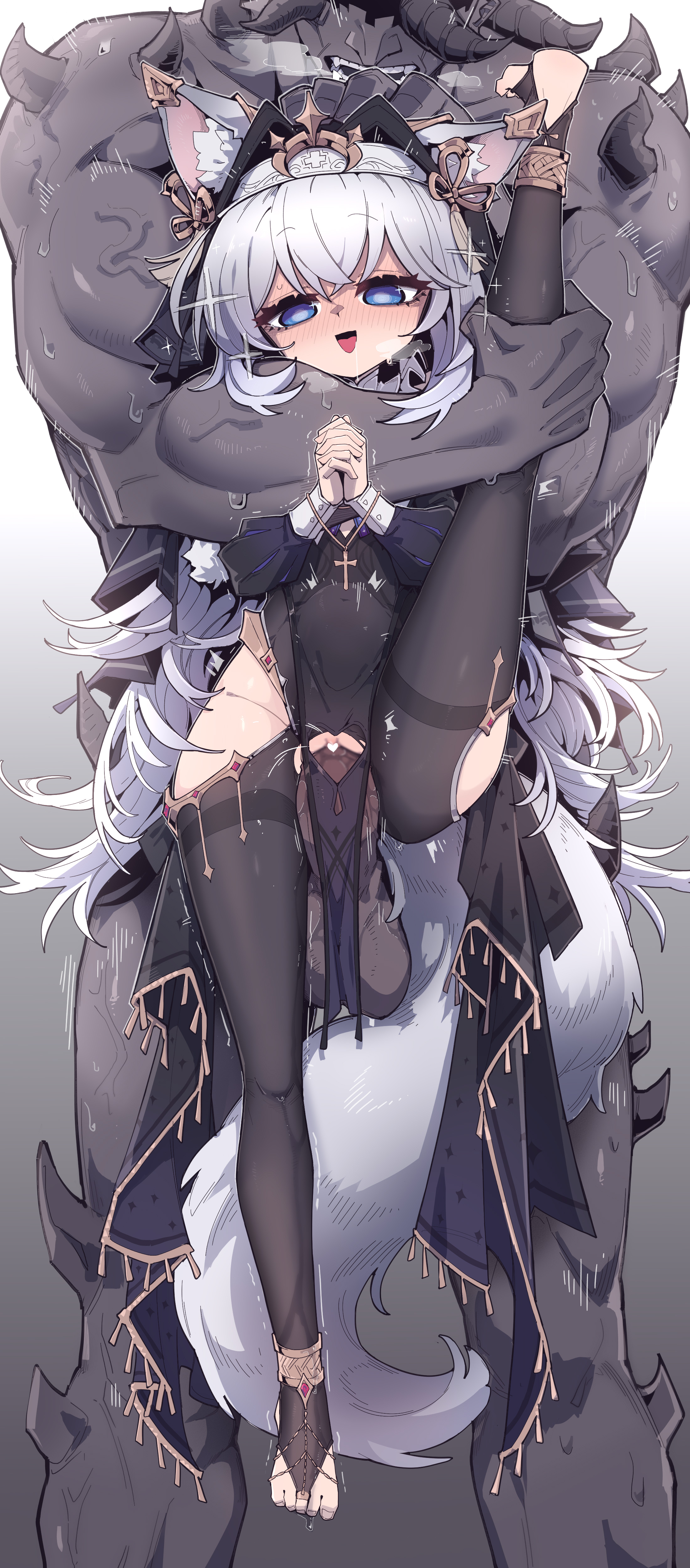 imazawa, original, absurdres, chinese commentary, commentary request, highres, variant set, 1boy, 1girl, animal ear fluff, animal ears, black thighhighs, blue eyes, censored, grey hair, heart, heart censor, hetero, leg up, long hair, no shoes, nun, open mouth, own hands together, pelvic curtain, penis, pussy, sex, stirrup legwear, testicles, thighhighs, toeless legwear, toes, vaginal