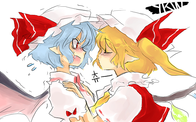 flandre scarlet, remilia scarlet, touhou, 2girls, fang, female focus, from side, hat, incest, mob cap, multiple girls, pointy ears, siblings, simple background, sisters, upper body, white background, wings