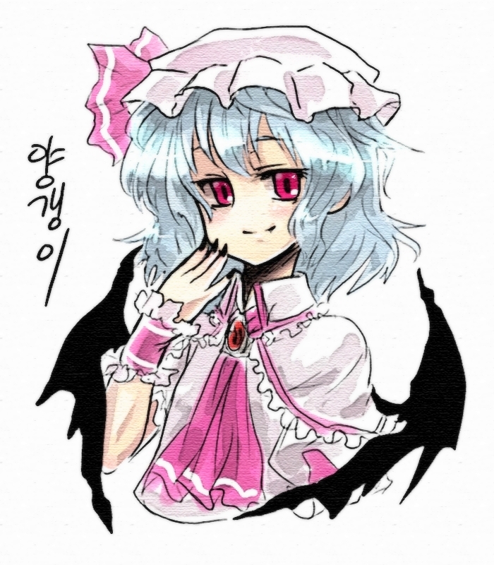 remilia scarlet, touhou, 1girl, ascot, bat wings, female focus, hat, mob cap, pink ascot, simple background, solo, white background, wings