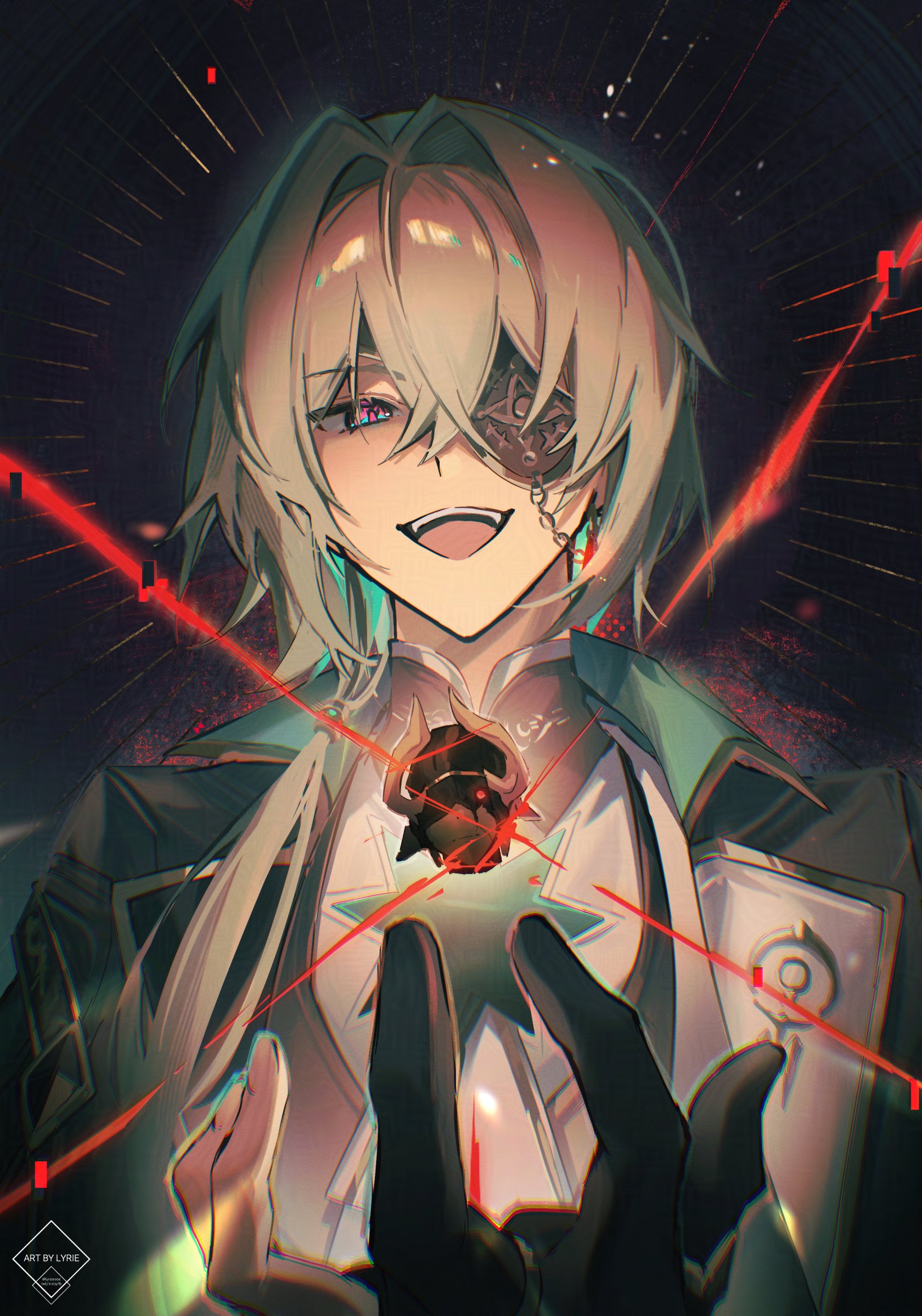 lyrie luna, anaxa (honkai: star rail), honkai: star rail, honkai (series), absurdres, highres, 1boy, aqua hair, ascot, black gloves, black jacket, chain, earrings, eyepatch, gem, gloves, hair between eyes, hair intakes, half-closed eyes, hand up, jacket, jewelry, lapels, laughing, male focus, mandarin collar, medium hair, notched lapels, one eye covered, partially fingerless gloves, red gemstone, shirt, side ponytail, single earring, solo, teeth, upper teeth only, white ascot, white shirt