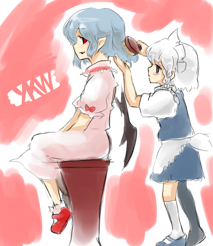 izayoi sakuya, remilia scarlet, touhou, 2girls, bat wings, braid, brushing hair, dress, fang, female focus, from side, full body, hair brush, kneehighs, maid, multiple girls, pointy ears, red background, side braid, sitting, socks, standing, wings