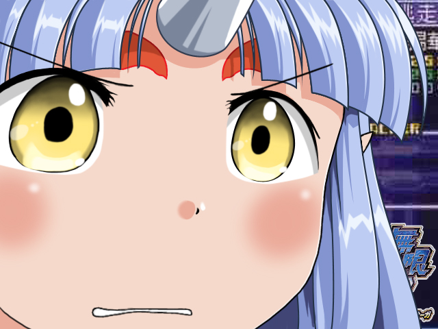 noto mamiko, suzuka hime, banpresto, super robot wars, super robot wars og saga mugen no frontier, 1girl, blue hair, blush, close-up, facial mark, female focus, forehead mark, gununu (meme), horns, infinite frontier, meme, oni, parody, solo, voice actor connection, yellow eyes