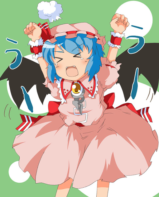 remilia scarlet, touhou, 1girl, bat wings, dress, fang, fangs, female focus, gem, hat, solo, wings, yellow gemstone