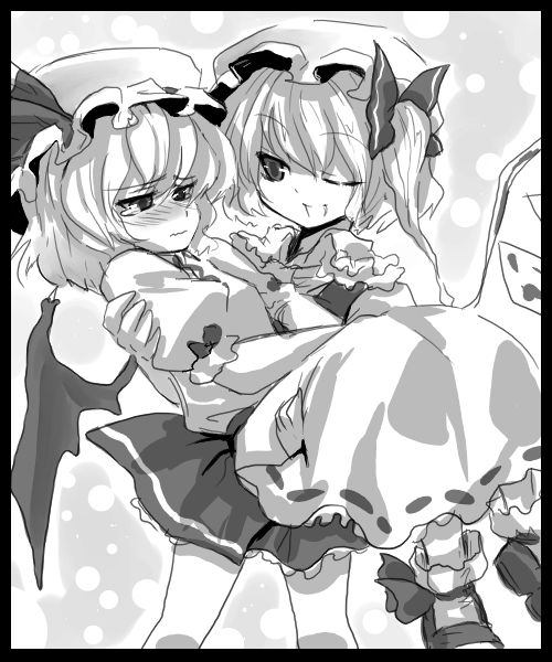 flandre scarlet, remilia scarlet, touhou, 2girls, bat wings, carrying, dress, female focus, greyscale, hat, monochrome, multiple girls, princess carry, siblings, sisters, wings