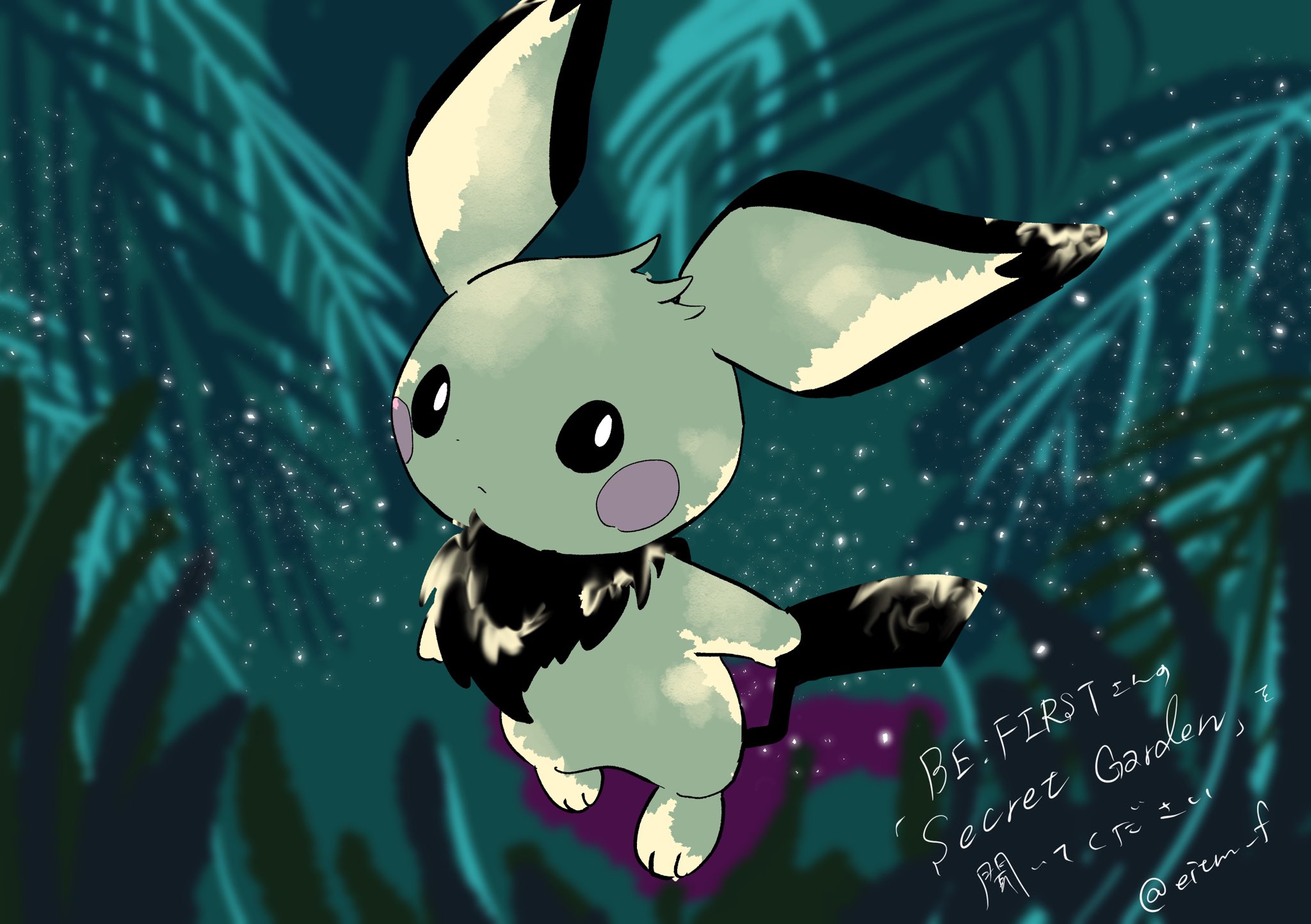 eitm f, pichu, nintendo, pokemon, highres, black eyes, black fur, bright pupils, floating, full body, gen 2 pokemon, leaf, no humans, plant, pokemon (creature), pokemon focus, solo, white pupils, yellow fur