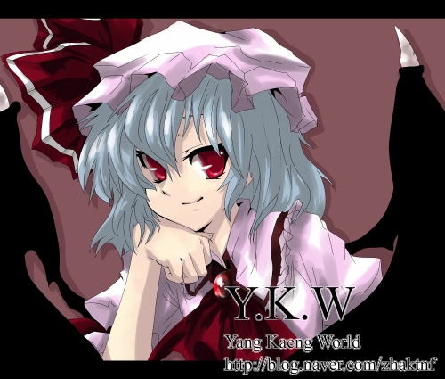 remilia scarlet, touhou, lowres, 1girl, ascot, bat wings, brown background, eyebrows hidden by hair, female focus, hat, head rest, letterboxed, mob cap, red ascot, simple background, solo, watermark, web address, wings