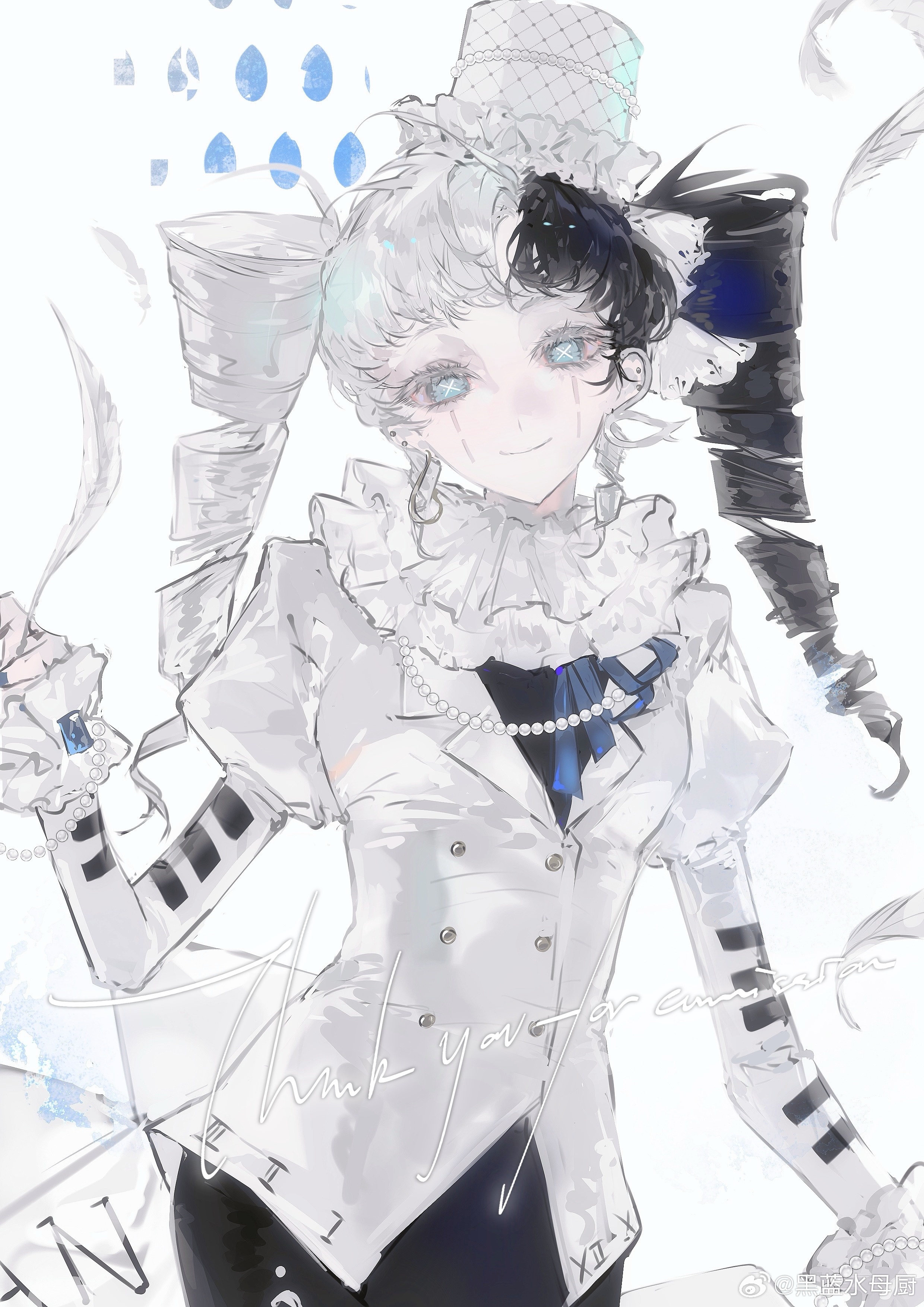 original, absurdres, highres, 1girl, black hair, black shirt, blue eyes, closed mouth, drill hair, earrings, frills, hair ornament, hat, heilanshuimuchu, jewelry, juliet sleeves, long hair, long sleeves, looking at viewer, multicolored hair, neck ribbon, neck ruff, necklace, parted bangs, pearl necklace, puffy sleeves, ribbon, shirt, simple background, smile, split-color hair, top hat, twin drills, two-tone hair, white background, white hair