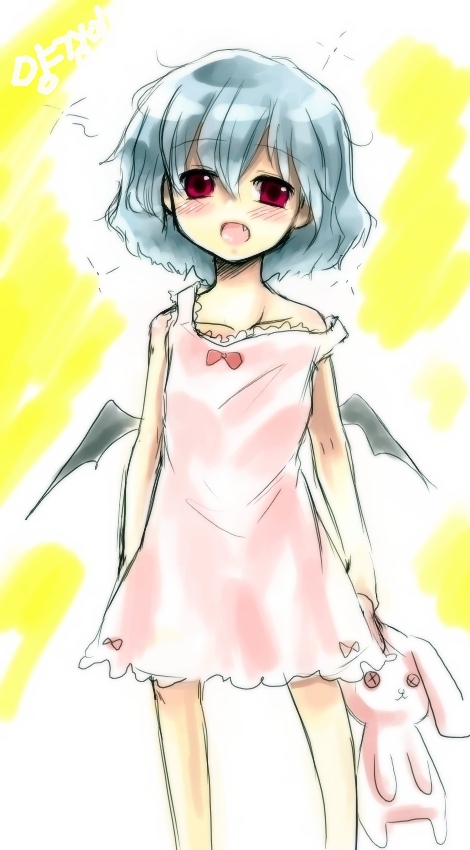 remilia scarlet, touhou, 1girl, arms at sides, doll, fang, female focus, holding, holding stuffed toy, lingerie, nightgown, solo, standing, stuffed animal, stuffed rabbit, stuffed toy, underwear, white background, wings