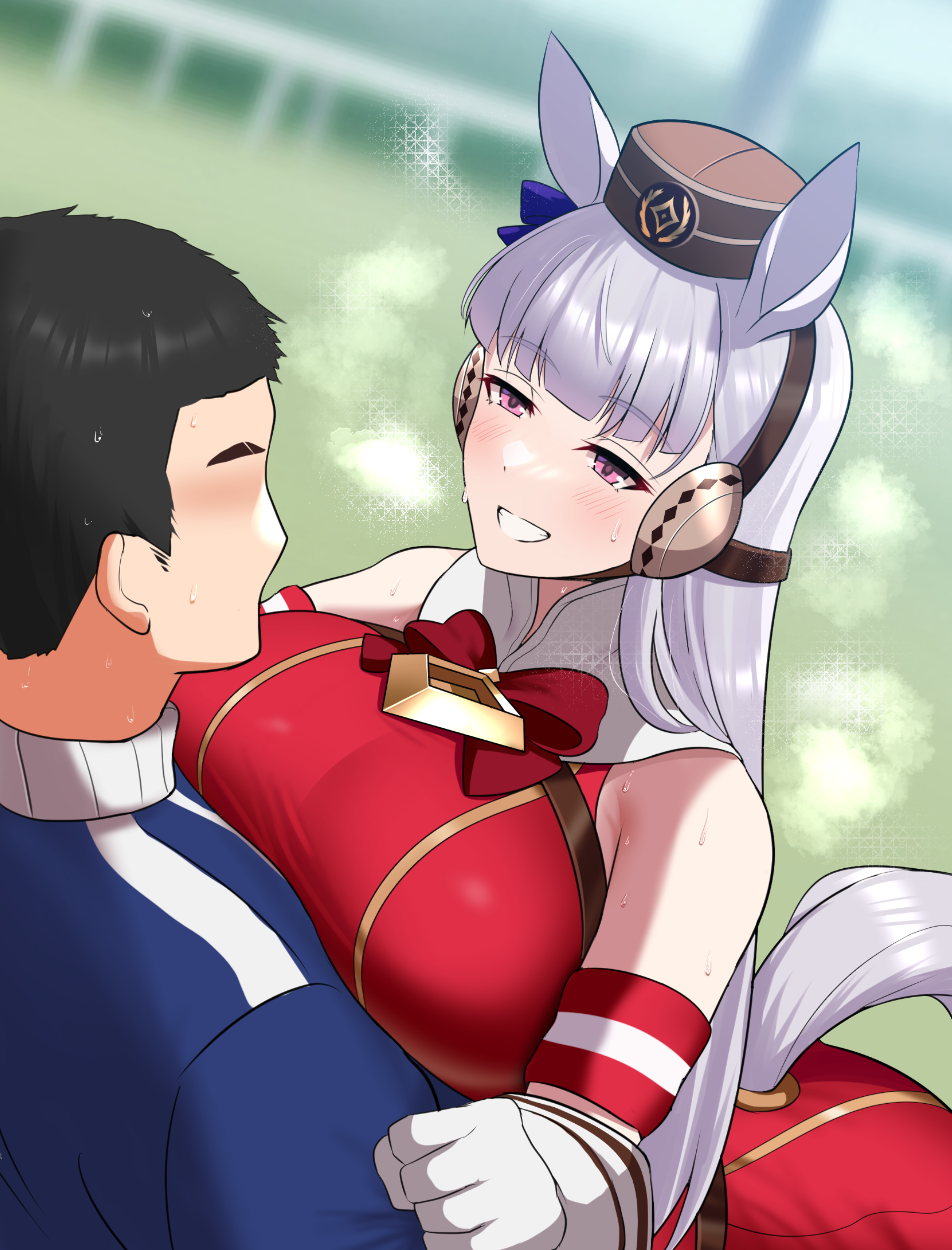 altronage, gold ship (umamusume), trainer (umamusume), umamusume, absurdres, commentary, english commentary, highres, 1boy, 1girl, animal ears, blush, bow, breasts, dress, ear bow, ear covers, girl on top, gloves, horse ears, horse girl, horse tail, pink eyes, purple bow, red dress, smile, sweat, tail, white gloves