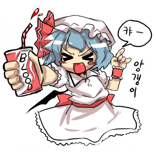 remilia scarlet, touhou, lowres, 1girl, n/, blood, cowboy shot, dress, fang, female focus, hat, korean text, mob cap, simple background, solo, speech bubble, v-shaped eyebrows, white background, wings