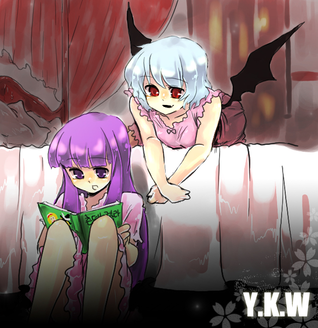 patchouli knowledge, remilia scarlet, touhou, 2girls, bat wings, book, female focus, indoors, lingerie, lying, multiple girls, nightgown, sitting, underwear, wings