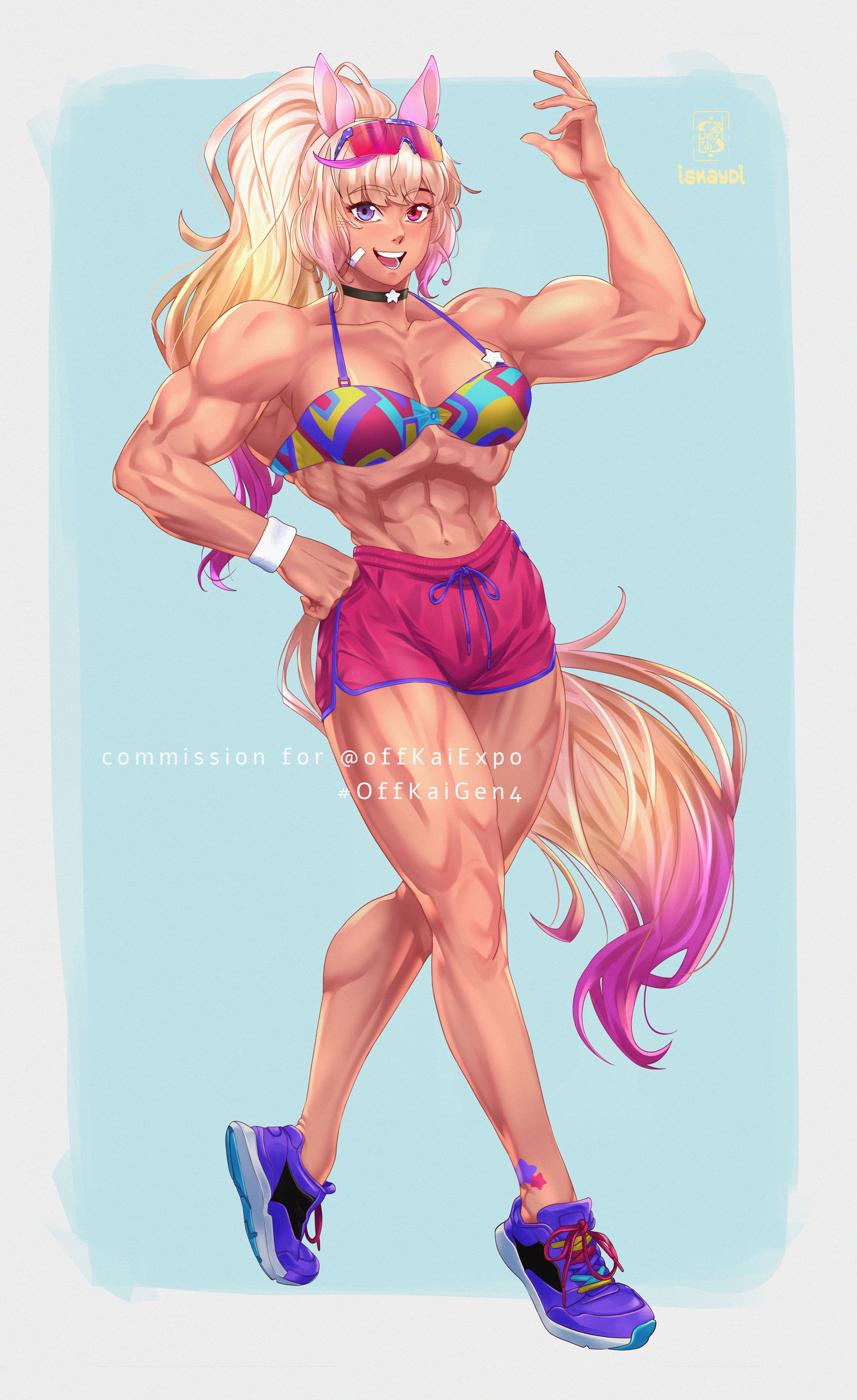iskaydi, absurdres, highres, 1girl, abs, alternate muscle size, animal ears, biceps, blonde hair, breasts, choker, eyewear on head, flexing, happi, high ponytail, horse ears, horse girl, japanese clothes, leg tattoo, long hair, looking at viewer, multicolored hair, muscular, muscular female, obliques, offkai expo, open mouth, pink-tinted eyewear, pink hair, pink shorts, ponytail, purple-tinted eyewear, purple shoes, sam-joe, shoelaces, shoes, shorts, smile, solo, star (symbol), star choker, star tattoo, sunglasses, tall female, tattoo, tinted eyewear